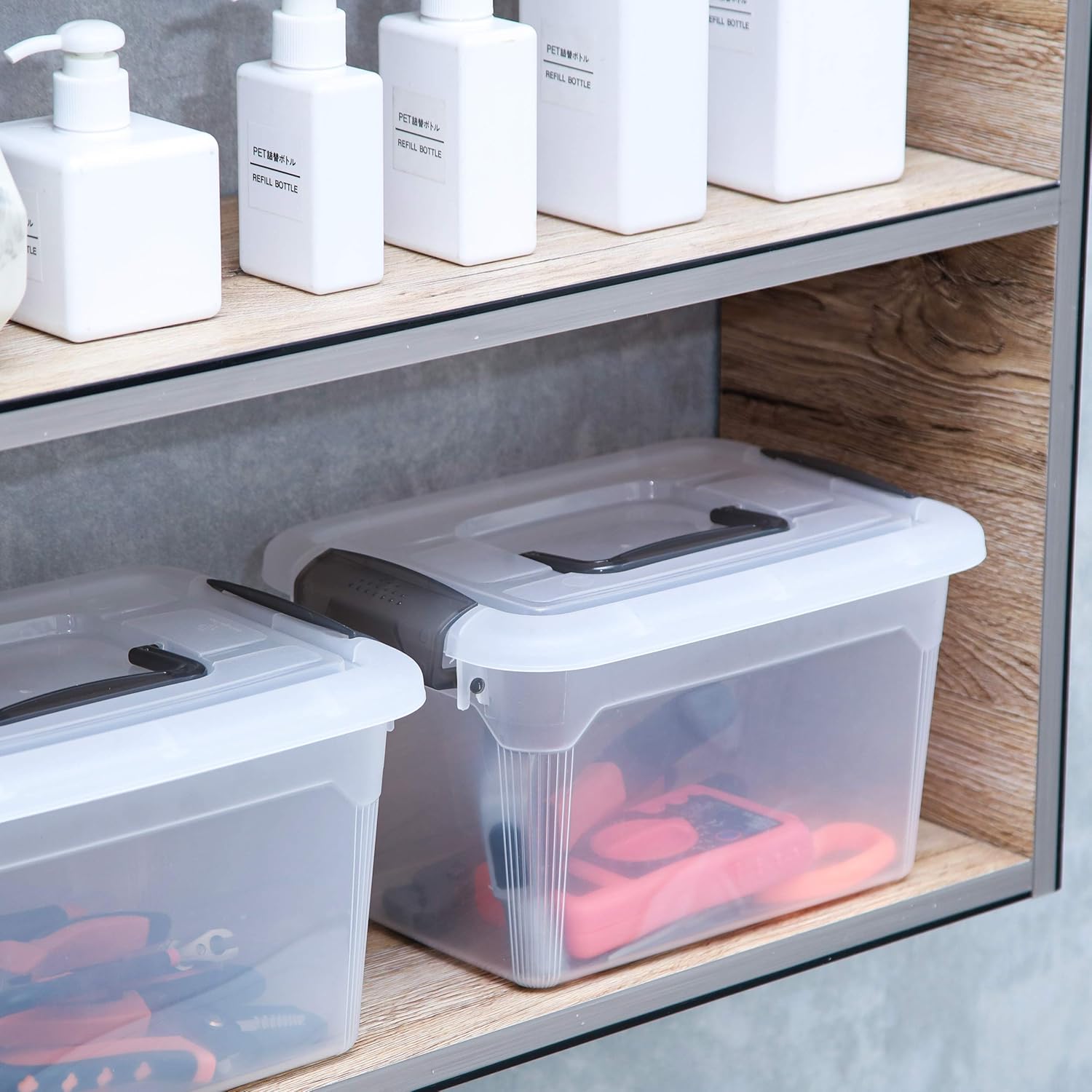 Citylife – Paquete de 4 cubos de almacenamiento de 5.3 cuartos de galón con tapas, contenedores de plástico transparente con mango gris,