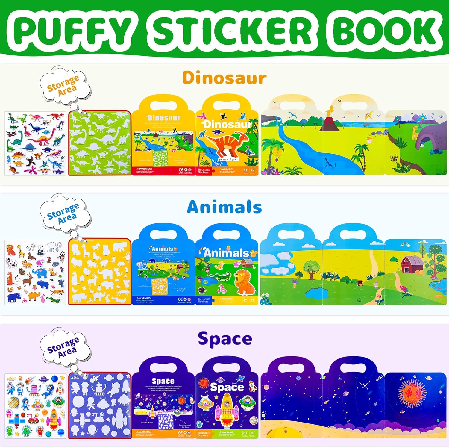 Libro de calcomanías reutilizables para niños, 3 juegos de libros de actividades temáticas con calcomanías hinchadas para niños y niñas de 3, 4, 5,