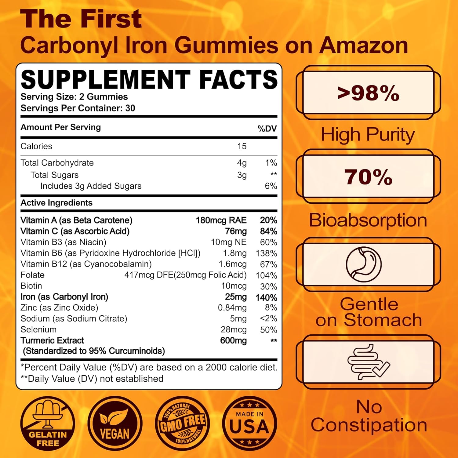 Suplemento de hierro para mujeres y hombres, gomitas de hierro carbonilo de 25 mg con cúrcuma de 600 mg, 98% de alta pureza, 70% de bioabsorción,