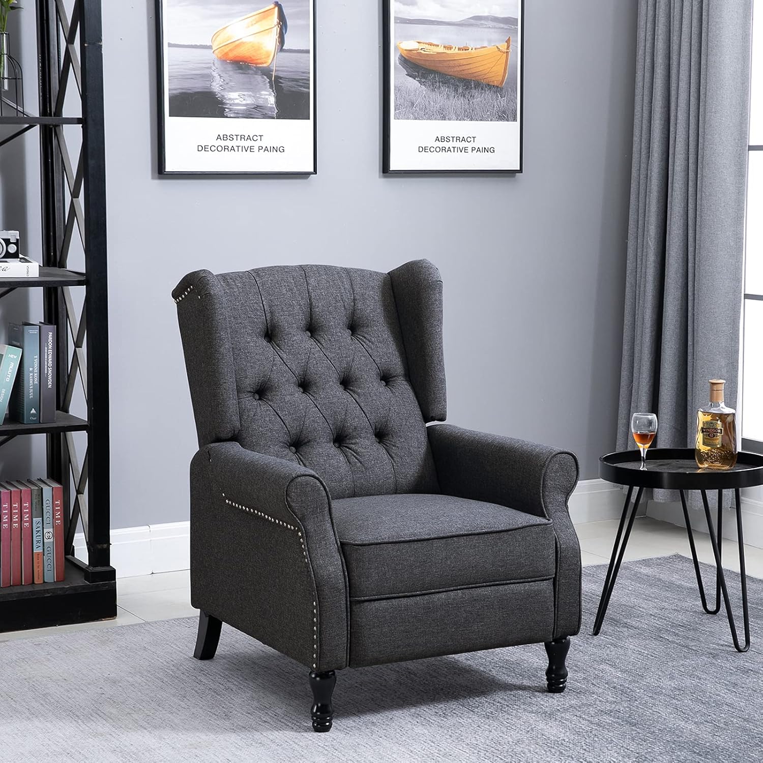 HOMCOM Silla reclinable tapizada de tela, silla de acento copetuda con respaldo de empuje, sillón de lino con reposapiés, reposabrazos, cojín