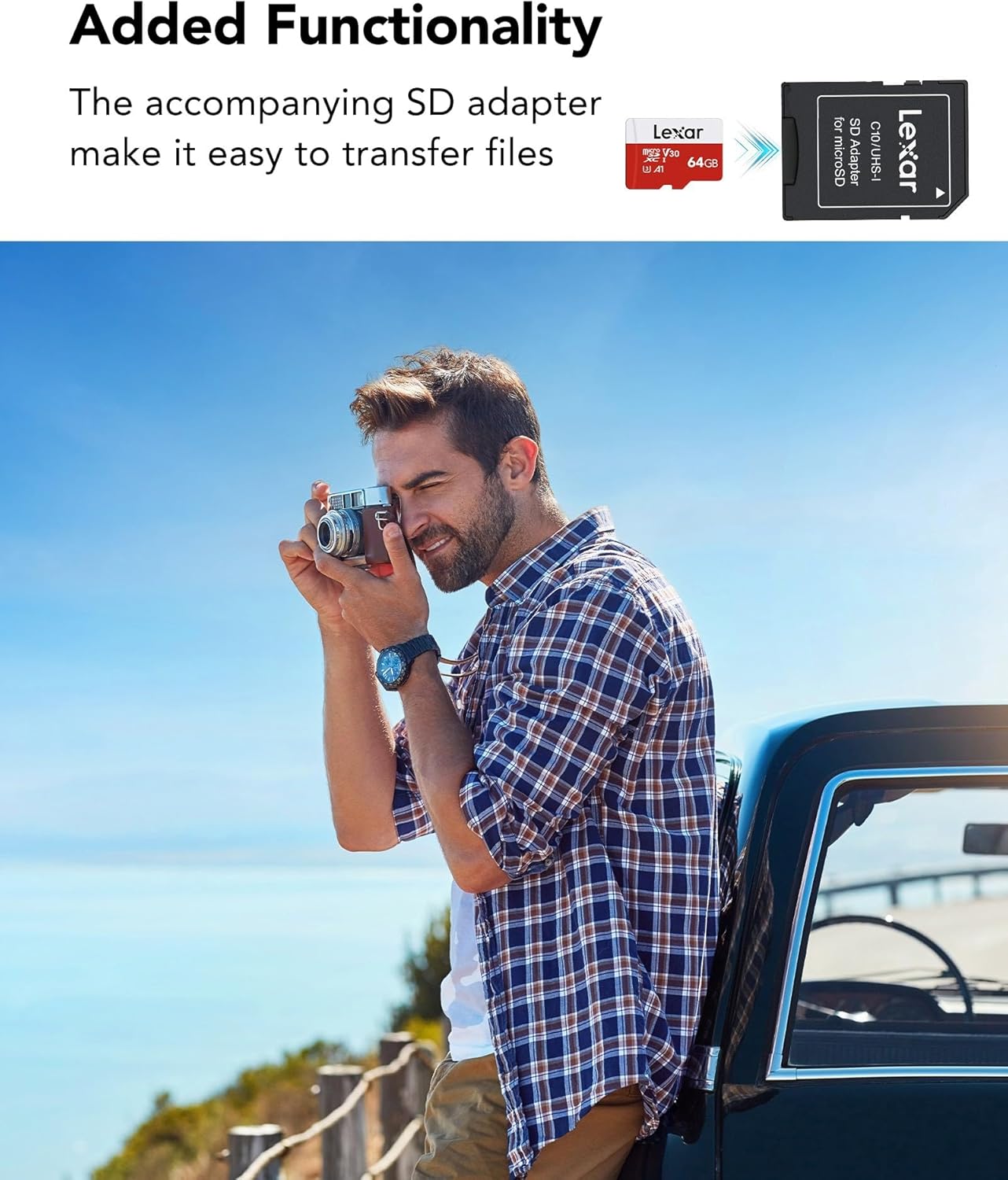 Lexar E-Series – Tarjeta micro SD de 64 GB, tarjeta de memoria flash microSDXC UHS-I con adaptador, 100 MBs, C10, U3, A1, V30, Full HD, 4K UHD,