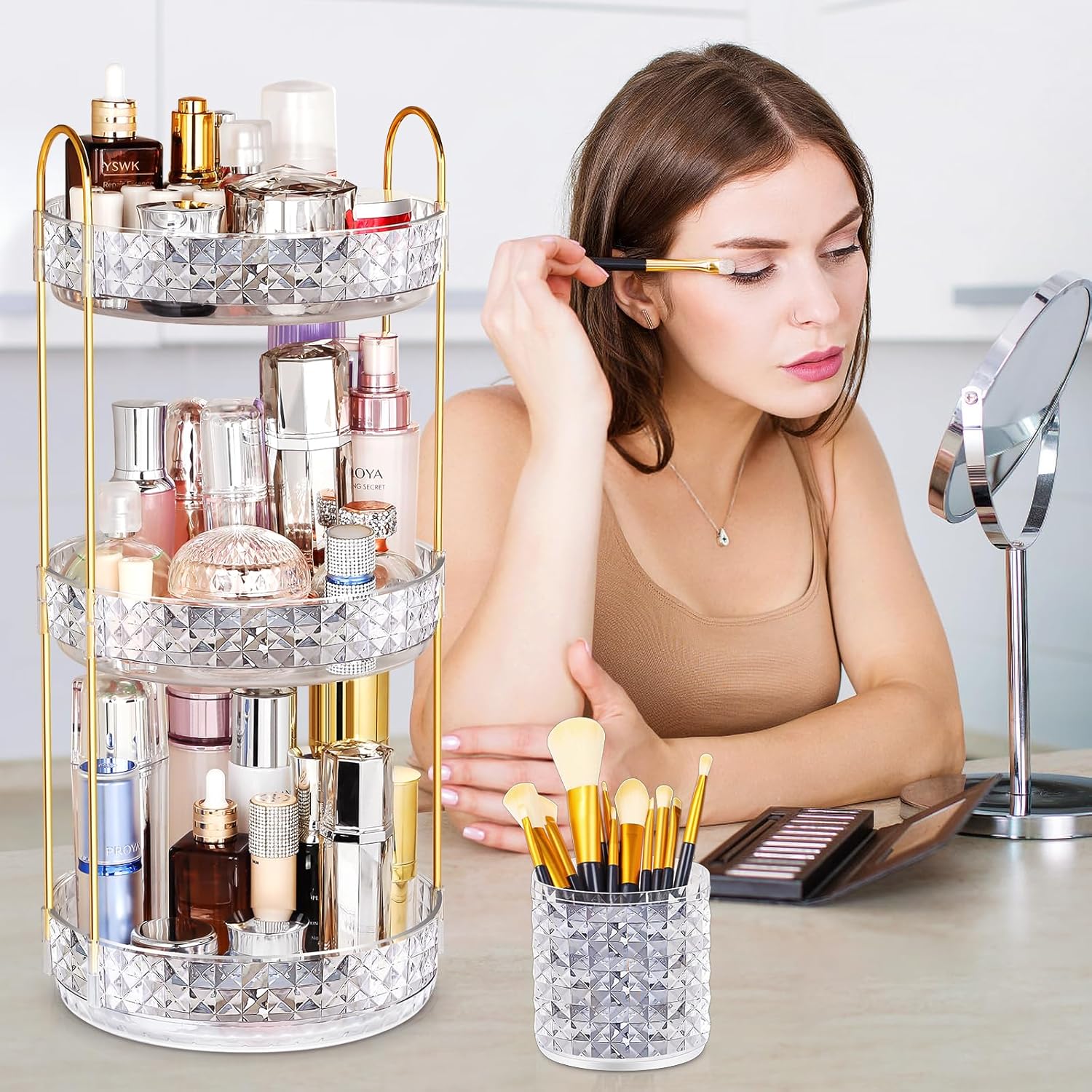 Organizador de maquillaje giratorio de 360 para tocador, organizador de maquillaje de 3 niveles de gran capacidad, organizador de maquillaje,