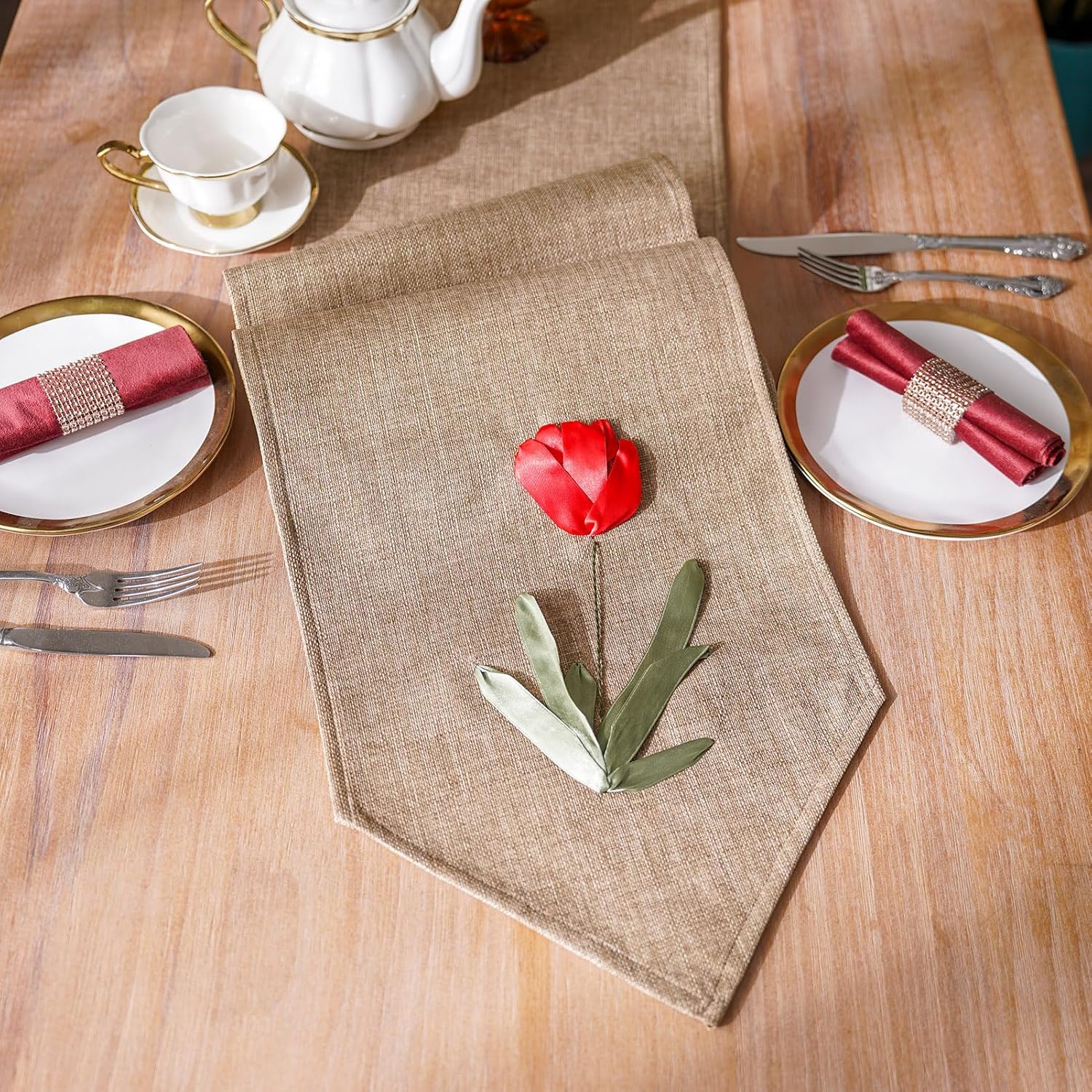 ARTABLE Caminos de mesa hechos a mano, bordado, rosas, tulipanes, flores, lino natural, para mesa de café, bufanda, patrones clásicos vintage (café,