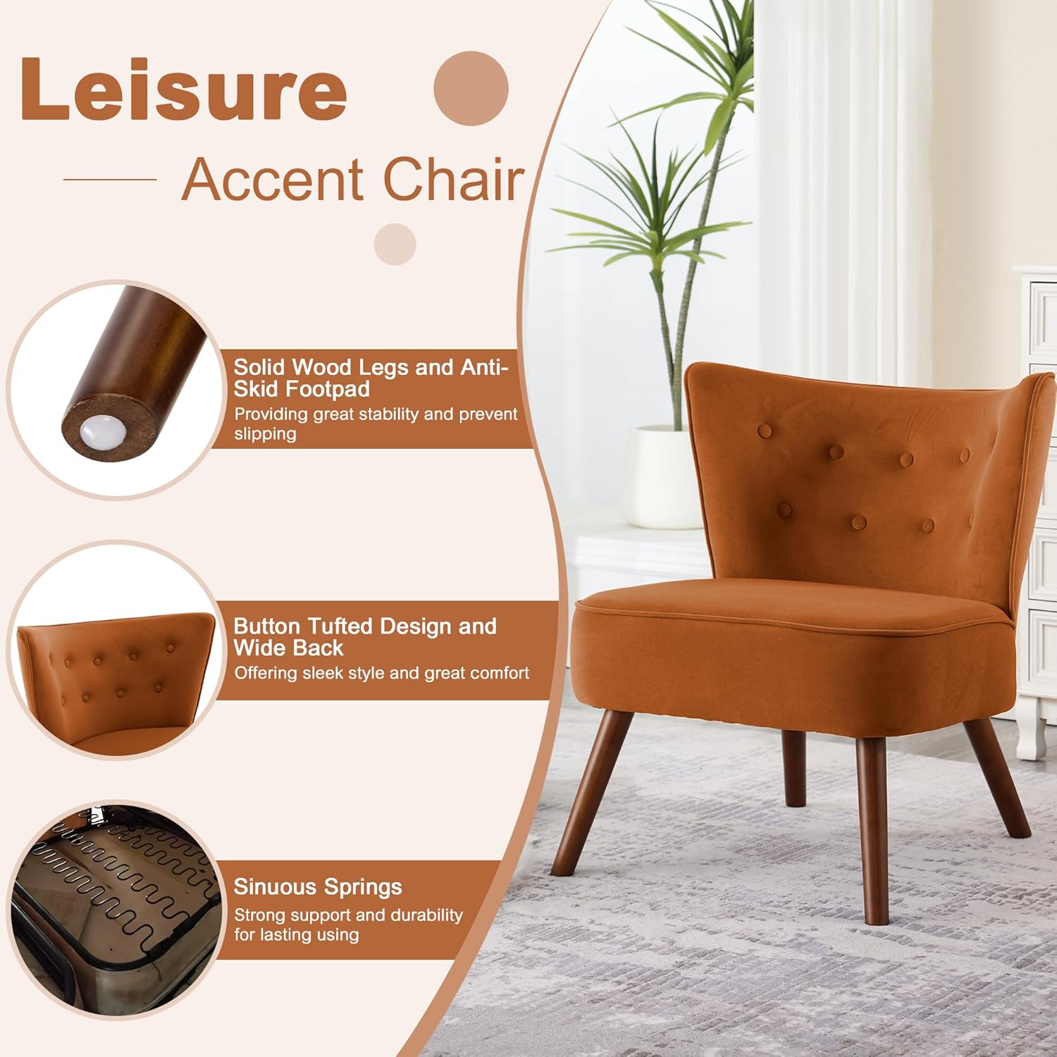 RUOVU Silla decorativa de terciopelo moderna de mediados de siglo, silla de sala de estar sin brazos con patas de madera, silla de club con respaldo