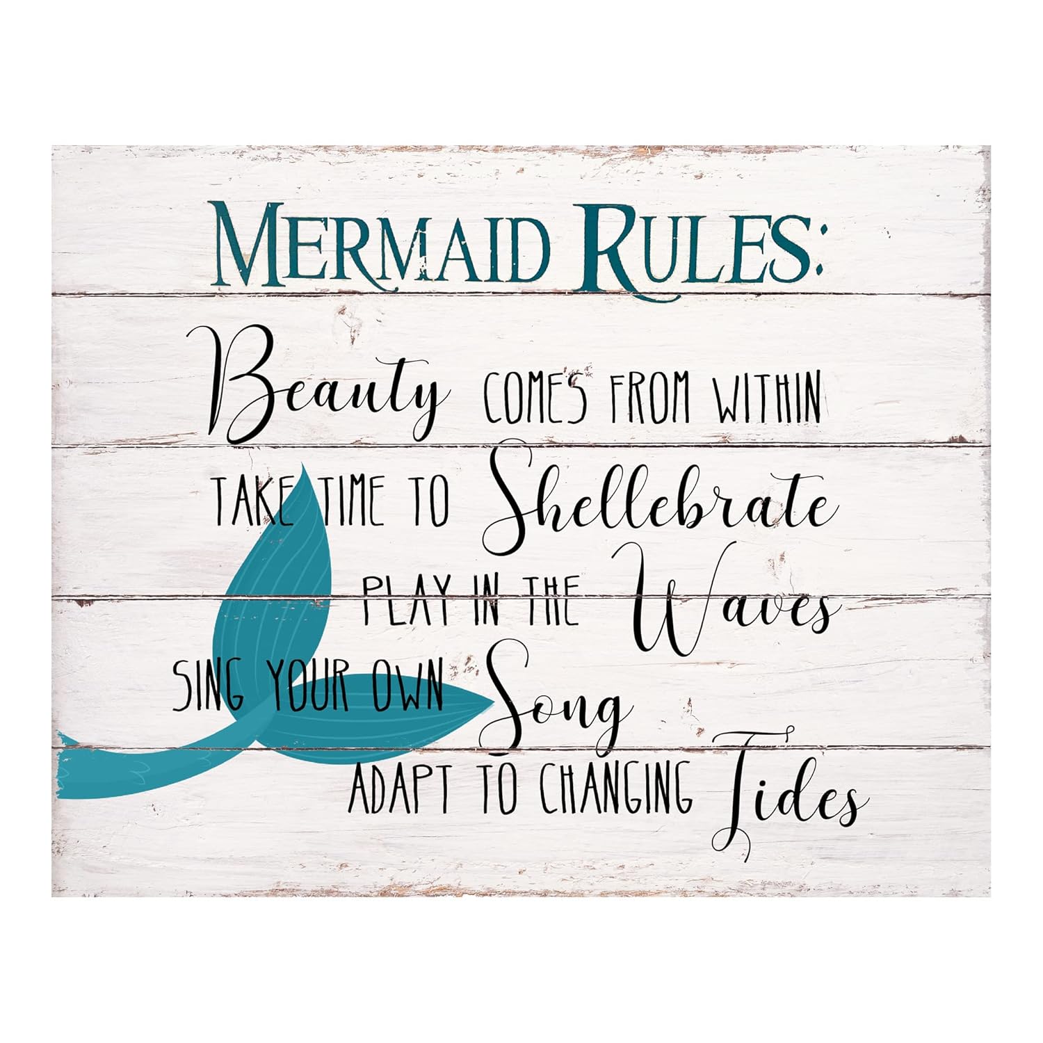 Mermaid Rules – Inspirational Beach Wall Art, Distressed Wood Design Ocean Wall Decor Print, Ideal Wall Decor For Home Decor, Bedroom Wall Art,