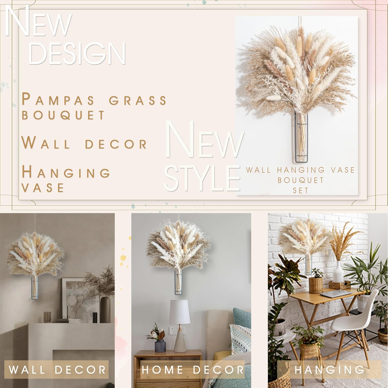 Ramo de hierba natural de las pampas + jarrón colgante  Arreglo floral seco bohemio centro de mesa, decoración de boda, decoración rústica (70