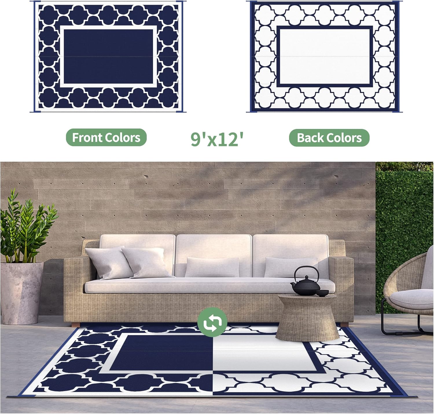 GENIMO – Alfombra para exteriores de 9 x 12 pies, para patio, reversible, de plástico, impermeable, para caravana, alfombra para grandes espacios,