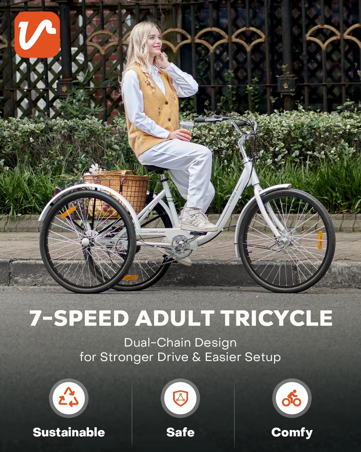 Viribus Triciclo para adultos, triciclo de 7 velocidades para adultos con doble cadena, triciclos para adultos para mujeres, hombres y personas
