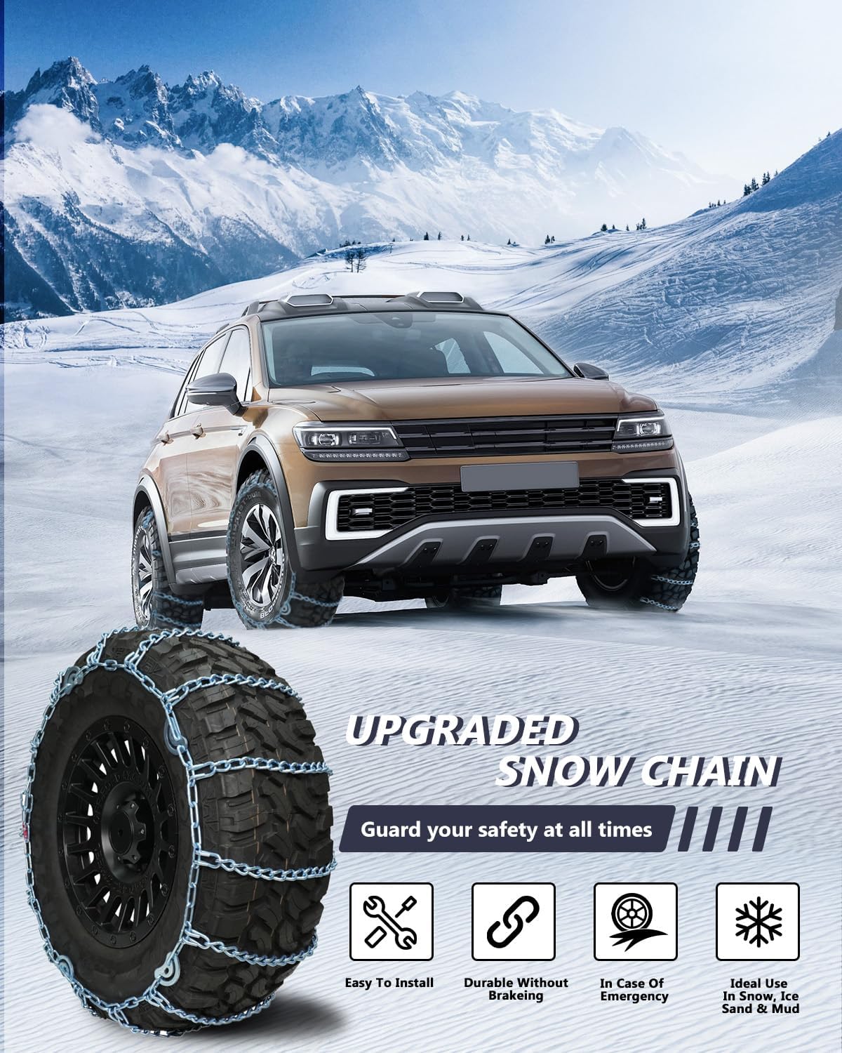 SCITOO QG3229CAM – Cadenas de nieve para automóvil, camioneta, SUV, cadena de tracción universal de neumáticos de emergencia, cadenas de neumáticos