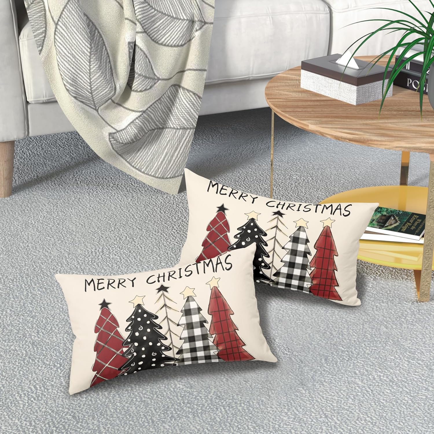 Juego de 2 fundas decorativas de cojín lumbar de 12 x 20 pulgadas, diseño de cuadros blancos y negros, con diseño de árboles rojos de Navidad, para