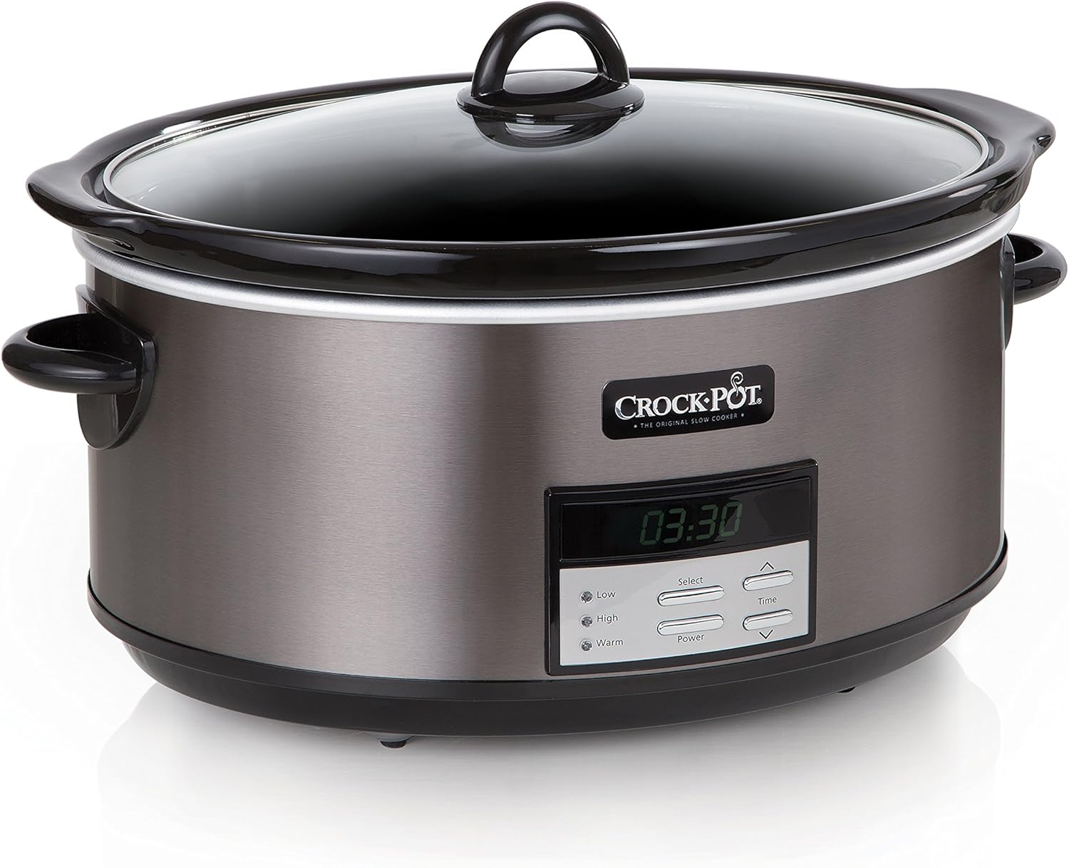 Crock-Pot Olla de cocción lenta programable grande de 8 cuartos con ajuste de calentamiento automático y libro de cocina, acero inoxidable negro y