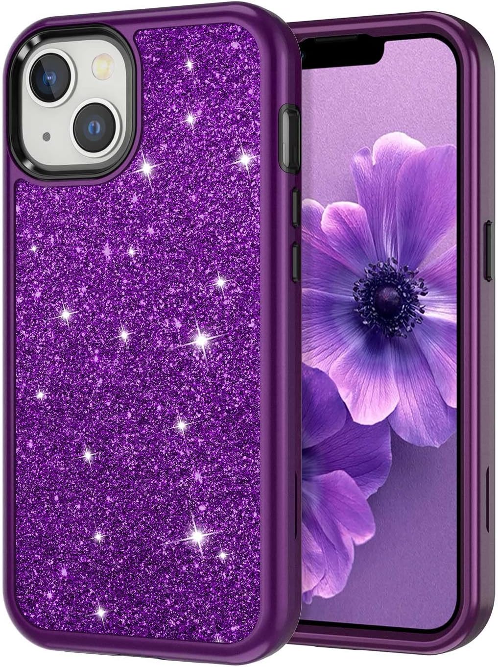 CASEFIV Funda de mármol para iPhone 13, 3 en 1, resistente a los golpes, policarbonato duro y silicona, 6.1 pulgadas, purpurina púrpura oscuro