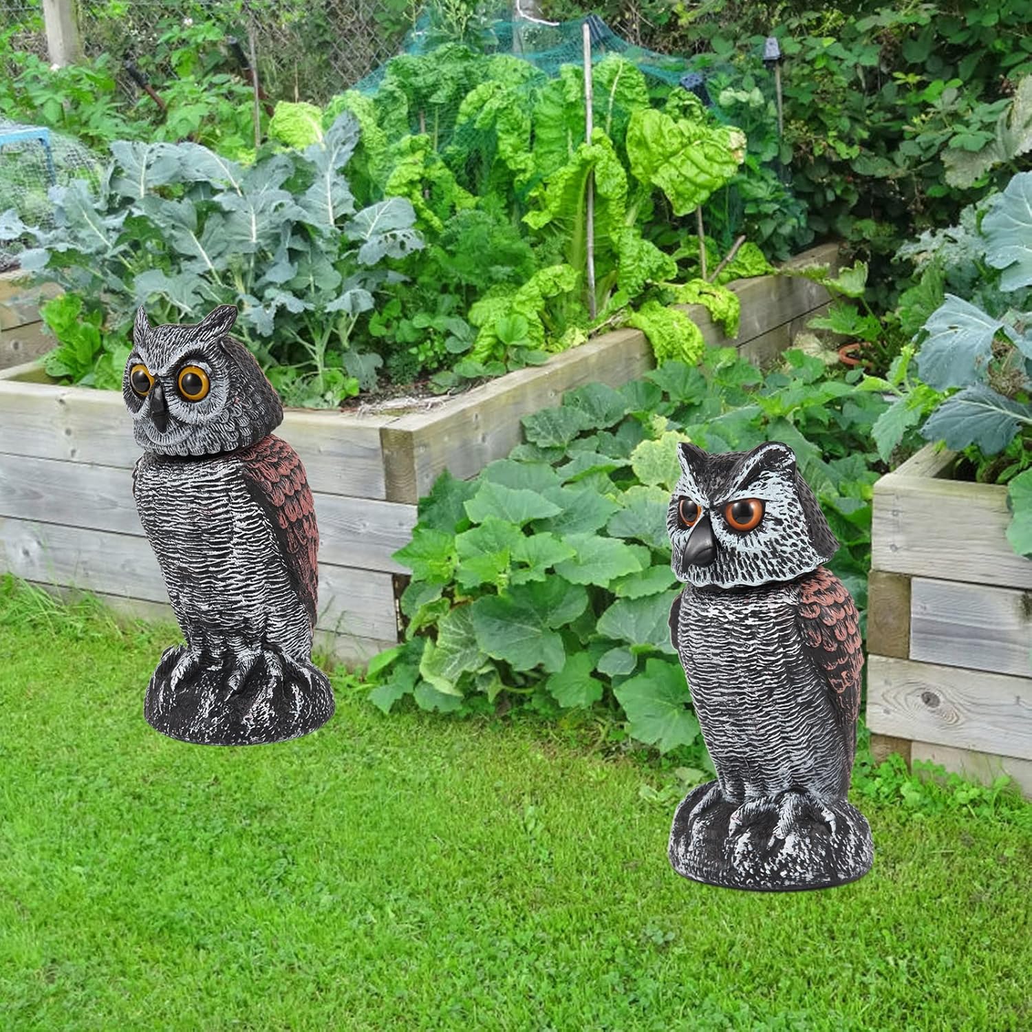 Paquete de 2 señuelos falsos de búho para asustar a las aves lejos de jardines y patios, disuasorios de pájaros de búho de cabeza giratoria,