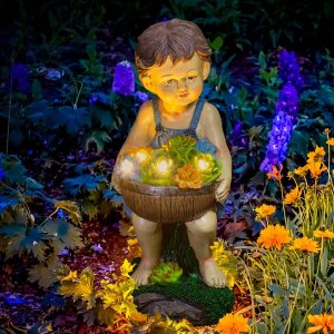 Ottsuls Estatua solar de jardín para niño, resina impermeable, decoración para exteriores con flores y 4 luces LED para patio, césped, porche, Ottsuls Estatua solar de jardín para niño, resina impermeable, decoración para exteriores con flores y 4 luces LED para patio, césped, porche,