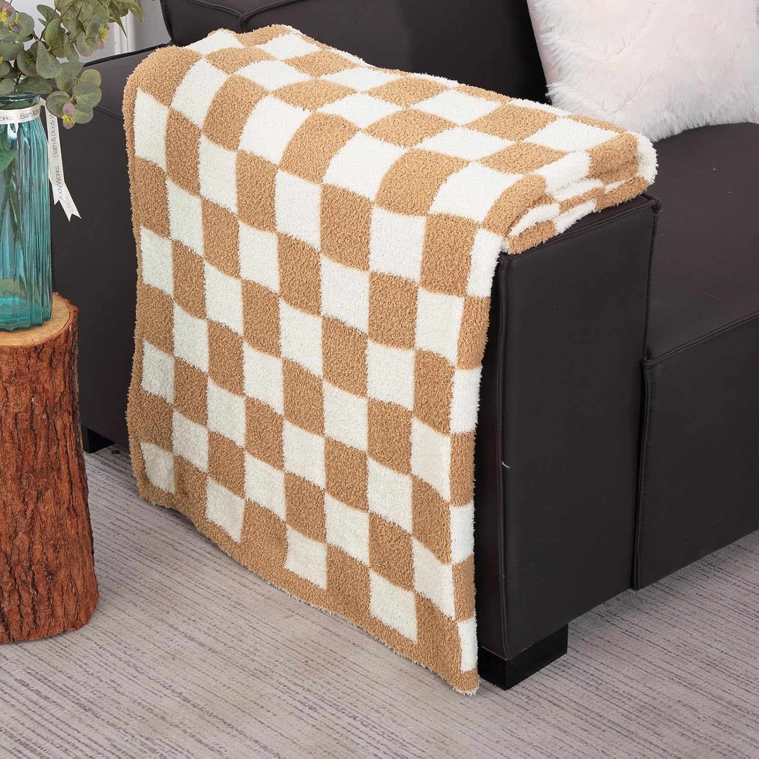Manta a cuadros súper suave, manta de felpa ligera de vellón para sofá y sofá, manta reversible de lujo mullida de punto a cuadros, color camel, 50