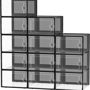 BALEINE Paquete de 12 cajas grandes de almacenamiento de zapatos, cubos organizadores de zapatos transparentes apilables, contenedores de plástico BALEINE Paquete de 12 cajas grandes de almacenamiento de zapatos, cubos organizadores de zapatos transparentes apilables, contenedores de plástico