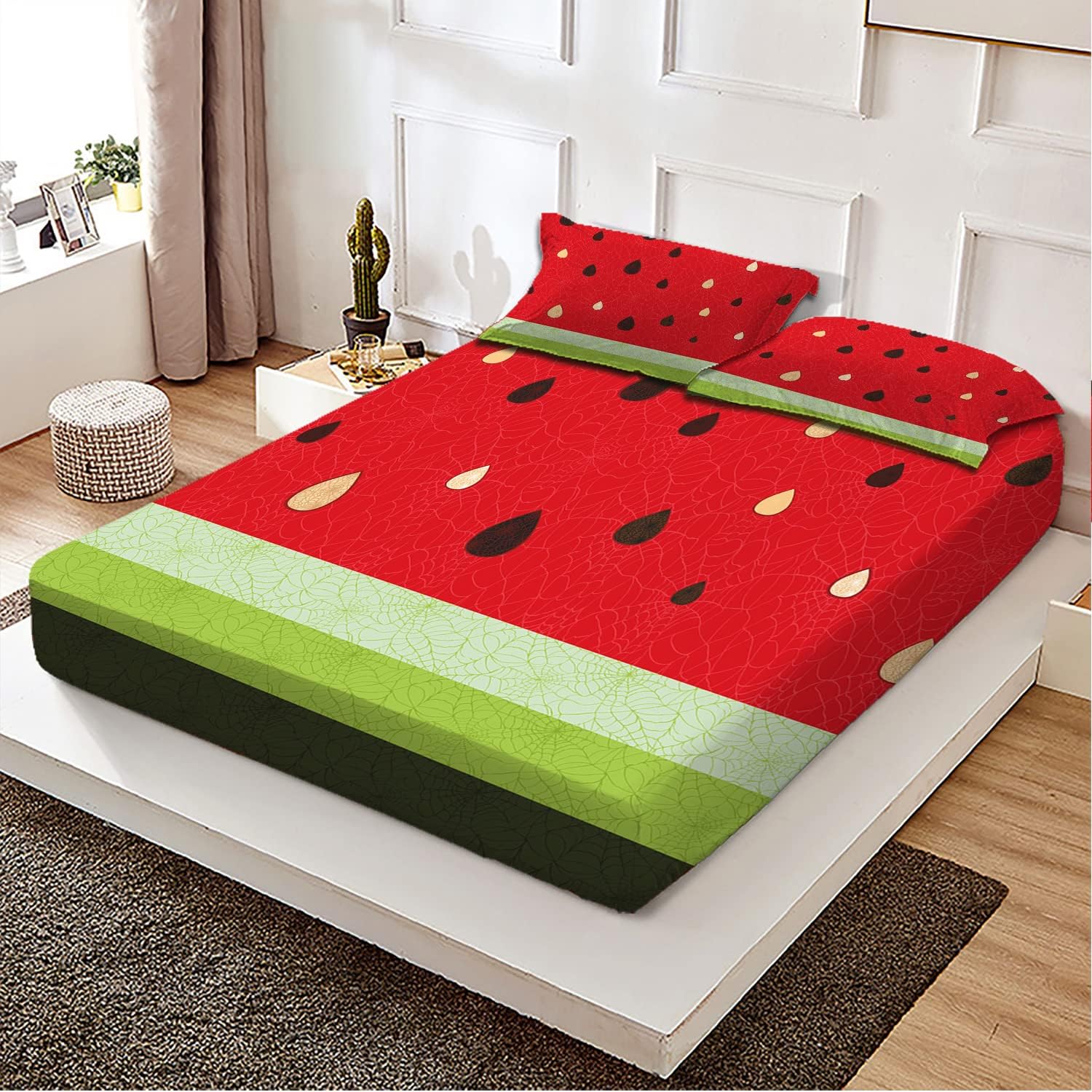 Nature Theme – Sábana bajera ajustable de tamaño individualindividual XL, patrón de macro fruta de sandía, juego de ropa de cama de 2 piezas con