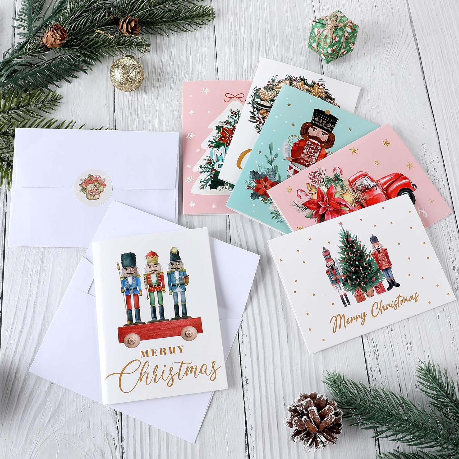 Colarr 60 juegos de tarjetas navideñas con sobres y calcomanías, tarjetas de notas festivas de Navidad, cascanueces, tarjetas de felicitación,