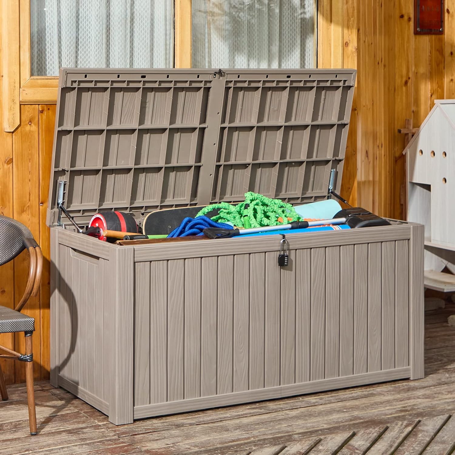 HABUTWAY Caja grande de almacenamiento para exteriores, banco de almacenamiento impermeable con candado de resina para patio, caja de almacenamiento