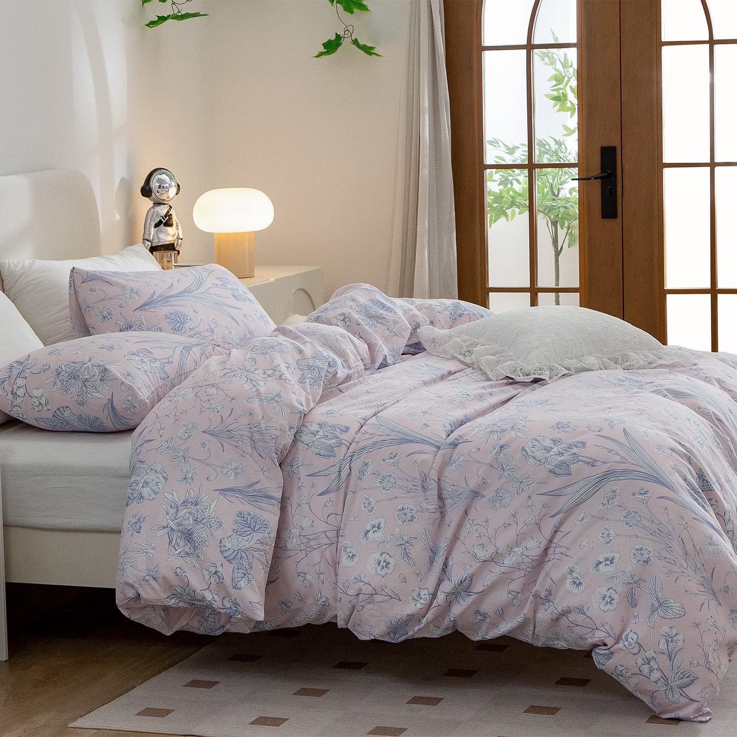 Funda de edredón, 100 % algodón, juego de ropa de cama de 3 piezas con diseño floral en rosa para niñas, estampado elegante estilo jardín con ramas