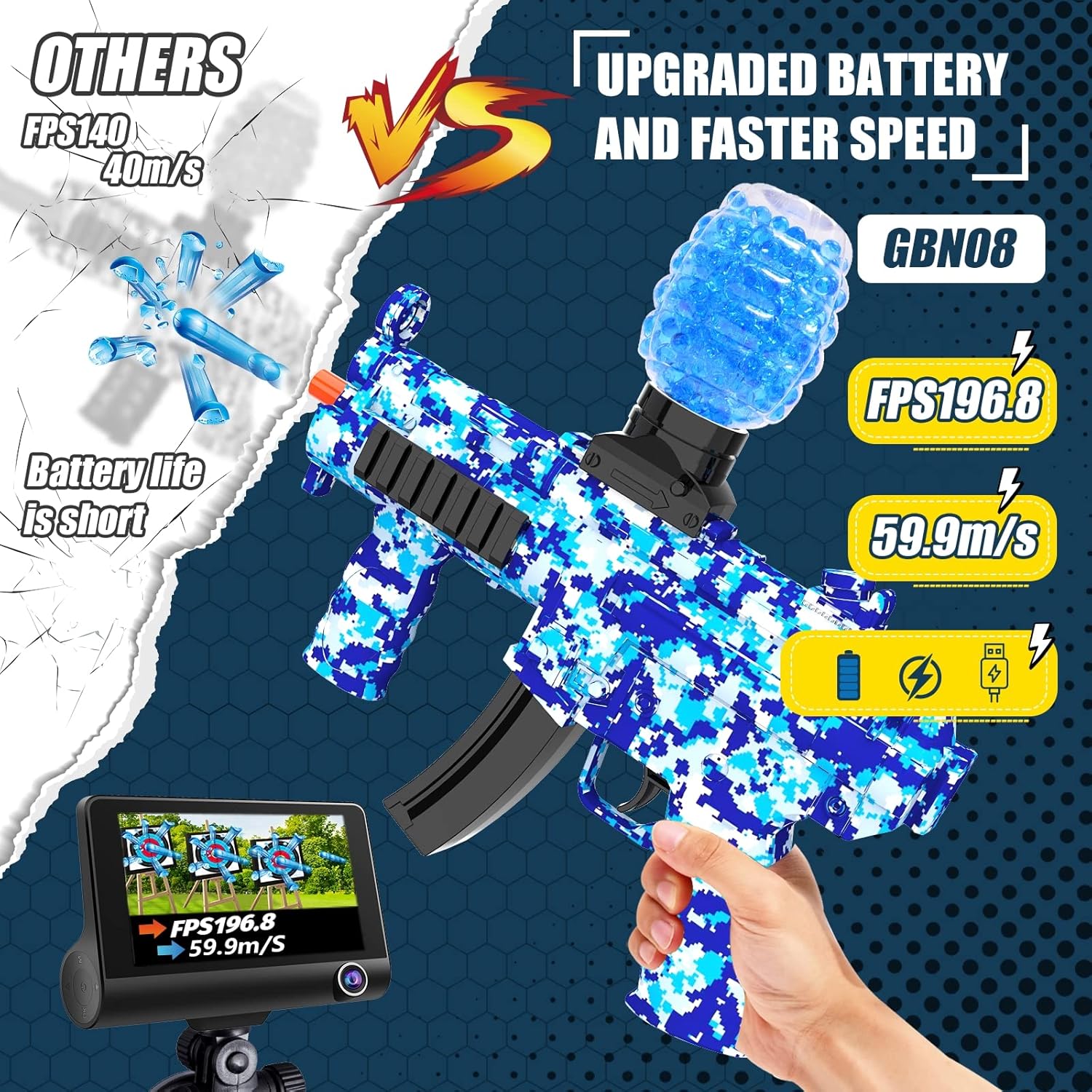 TANSAR Pistola de agua de gel que brilla en la oscuridad, juegos de disparos al aire libre, pistola de agua, para mayores de 14 años, GBN08