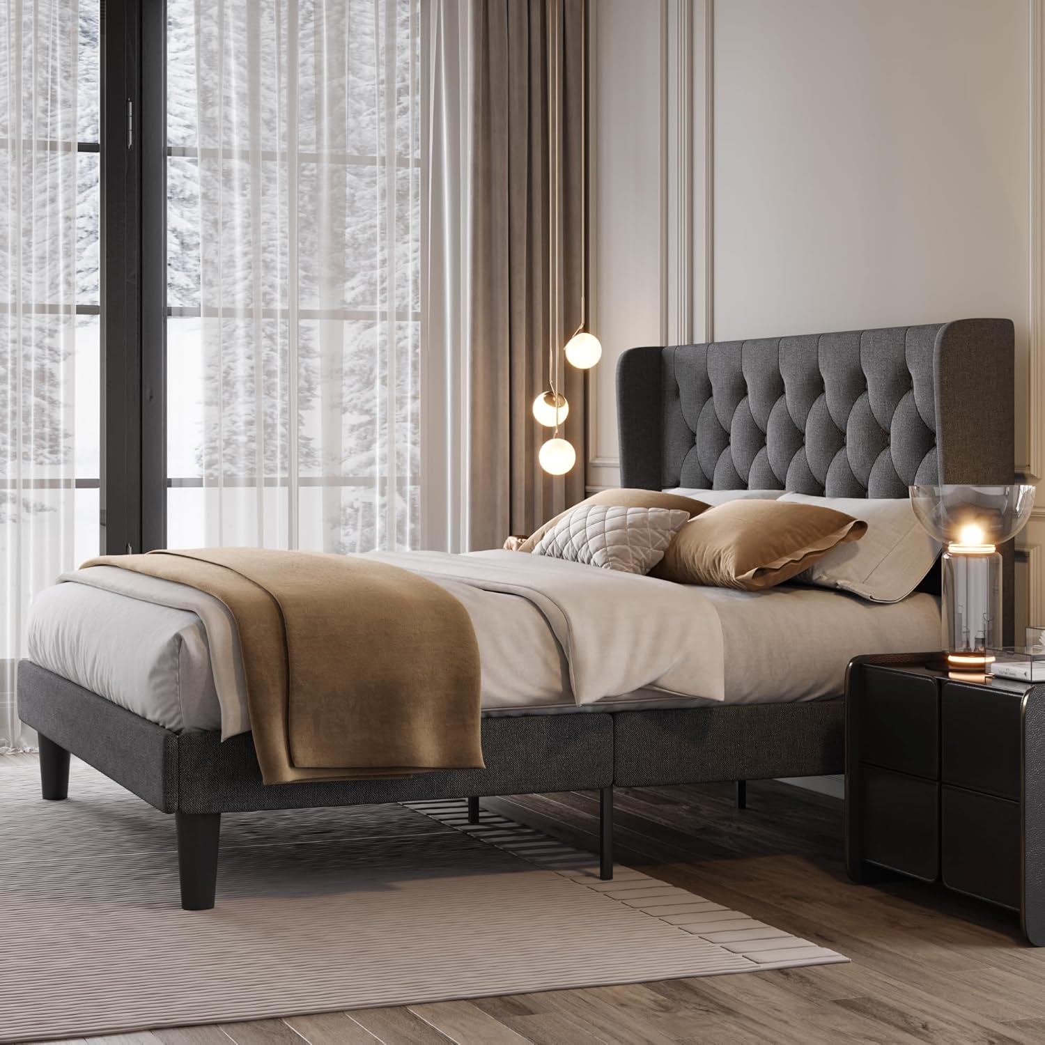 SHA CERLIN Base de cama tapizada de tamaño matrimonial con cabecera con respaldo de ala, tela de terciopelo copetudo, soporte de listones de madera,