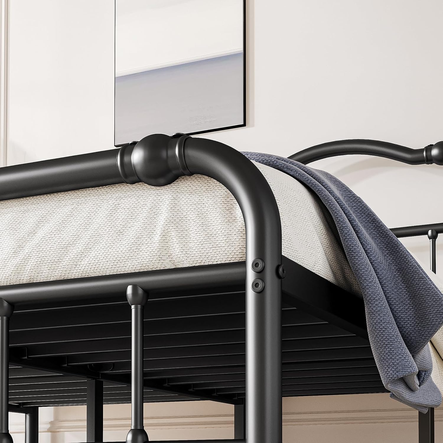 Base de cama tamaño Queen con cabecero, 18 pulgadas de alto, marco de cama de plataforma de metal resistente, sin ruido, fácil montaje, no necesita
