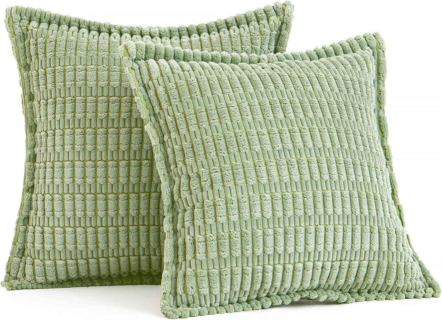 MIULEE Juego de 2 fundas de almohada decorativas de pana verde salvia, fundas de almohada suaves a rayas con borde ancho, decoración bohemia moderna