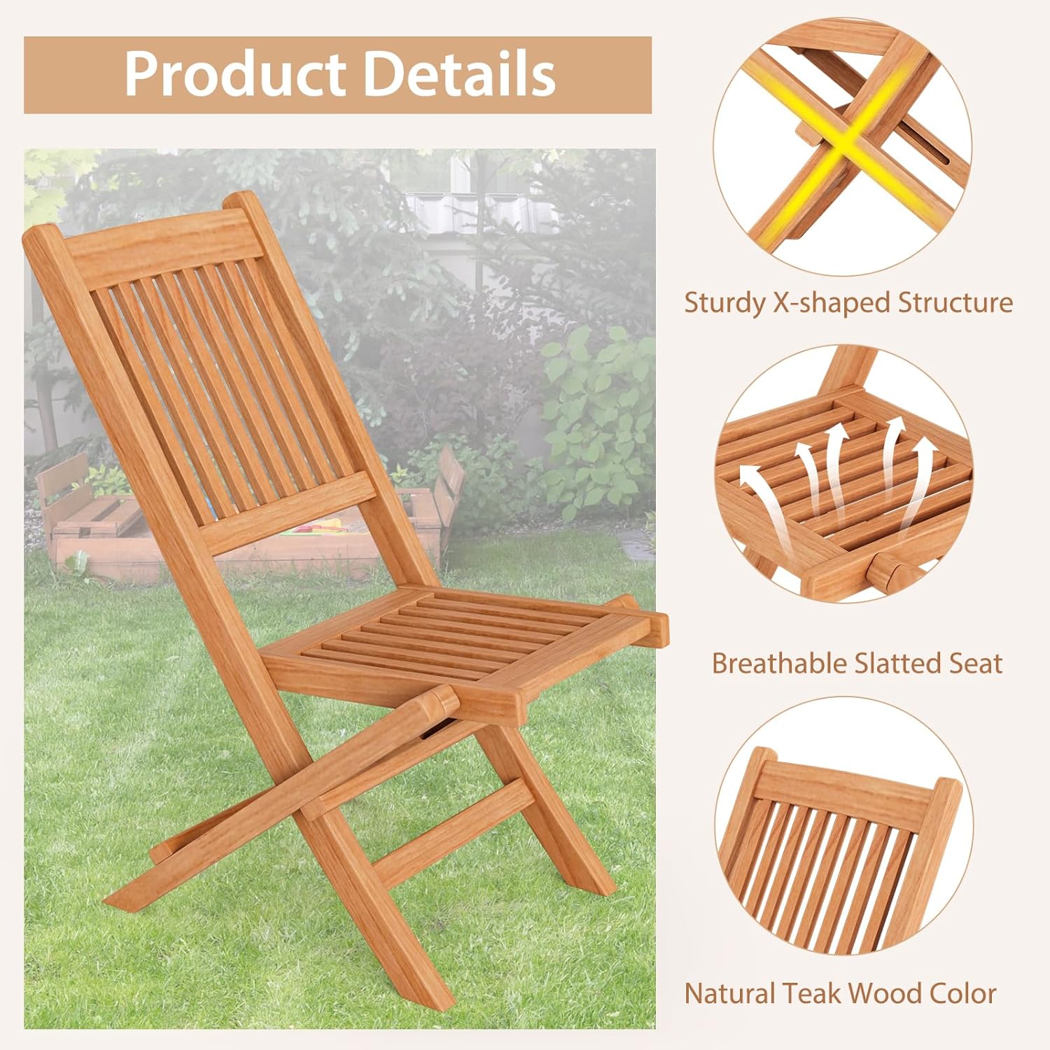 Giantex Sillas plegables para patio, sillas de madera de teca indonesia para exteriores con asiento y respaldo de rejillas, silla portátil de