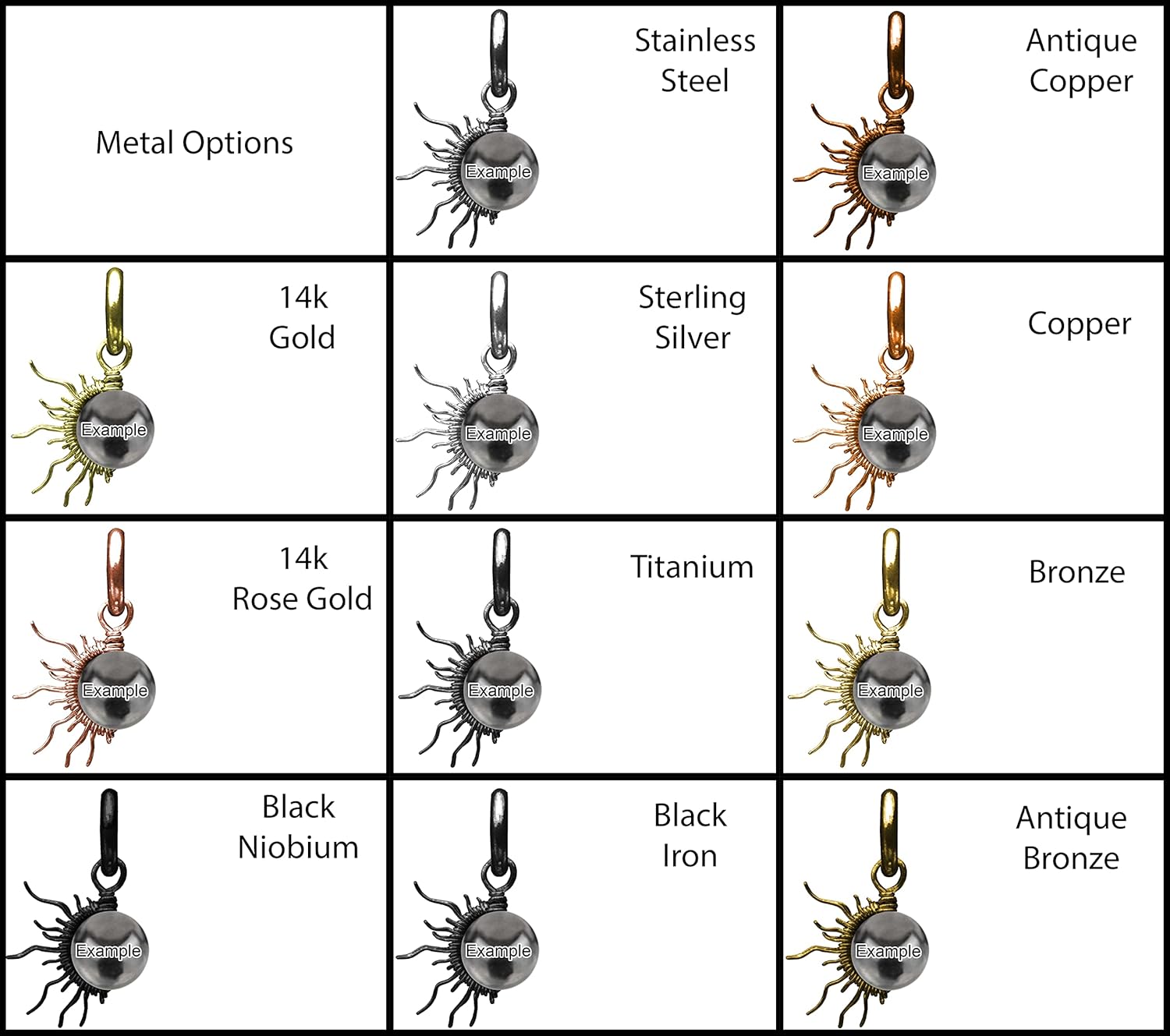 Blue Fluorite 6mm Mini Sun Dangle Earrings in Steel, Copper, Bronze, Black Iron, Titanium, Sterling Silver, 14K Gold, Rose Gold, or Black Niobium