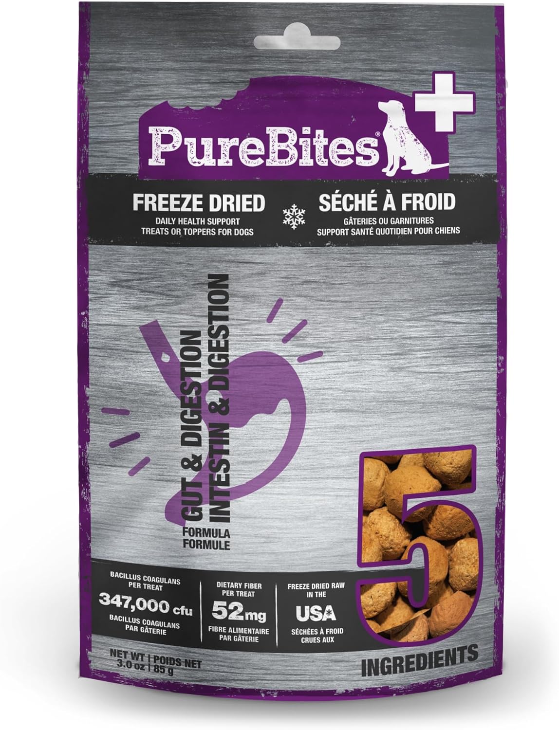 PureBites + Golosina liofilizada para perros de 3.0 onzas  Intestino y digestión  5 ingredientes  Hecho en Estados Unidos