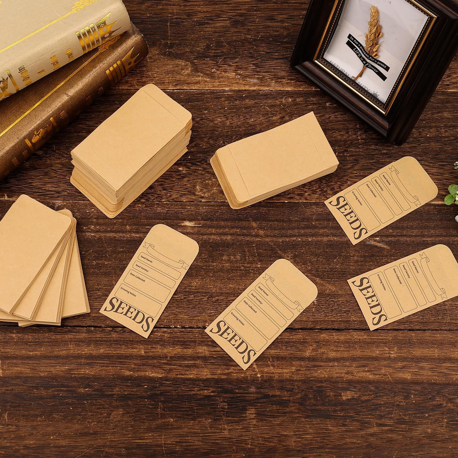 200 sobres de semillas, bolsa de papel reutilizable autosellante para almacenamiento de semillas impresa con tipos de plantillas de nombre pequeños