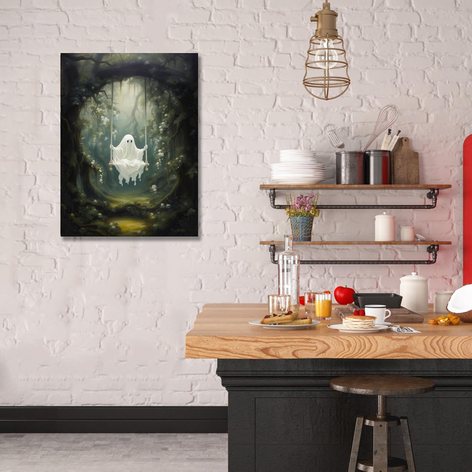 FULL HOUSE Póster vintage lindo de fantasma, lienzo de Halloween, divertido fantasma en un columpio en el bosque, decoración de pared para cocina,