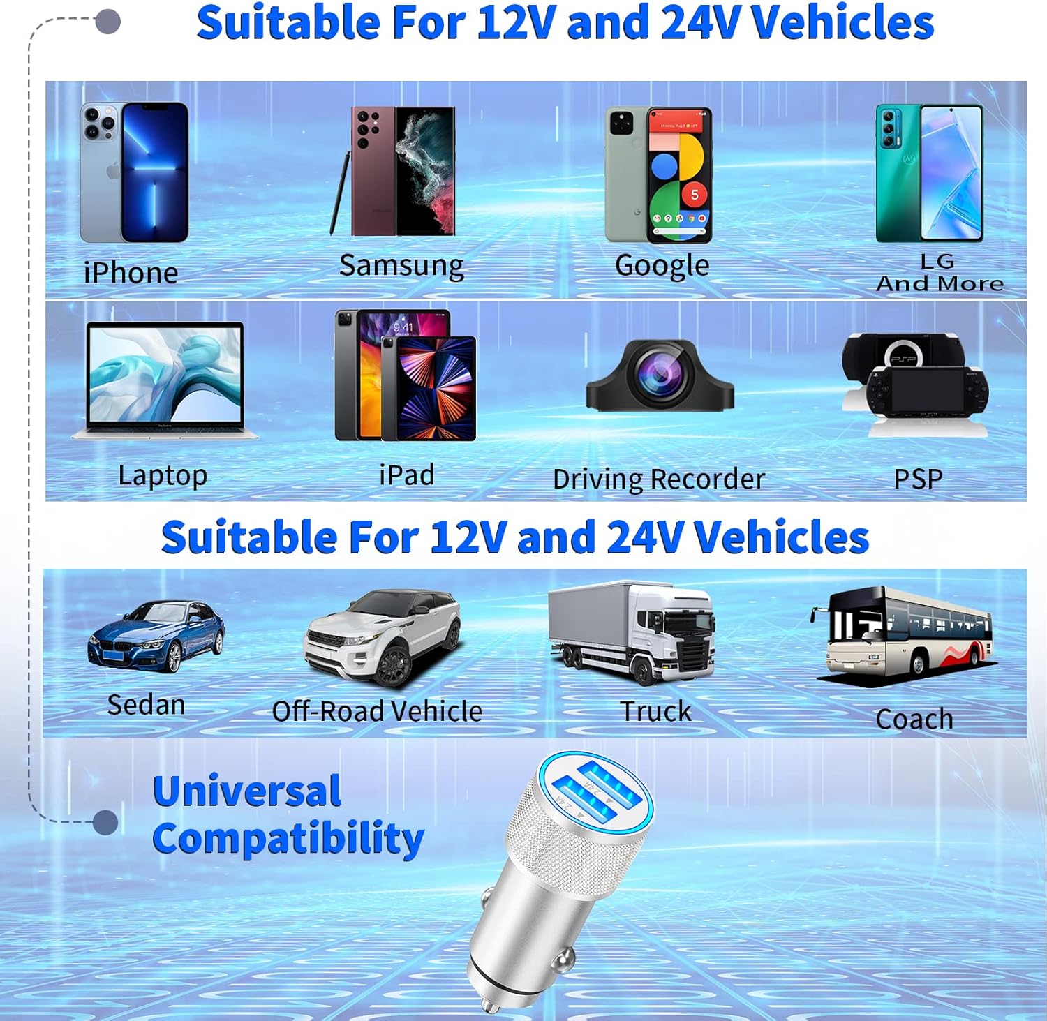 iPhone Car Charger Fast Charging, Apple MFi Certified 4.8A Dual USB All Metal Rapid Power Car Charger with 2 Pack Lightning Cord Quick Car Charging
