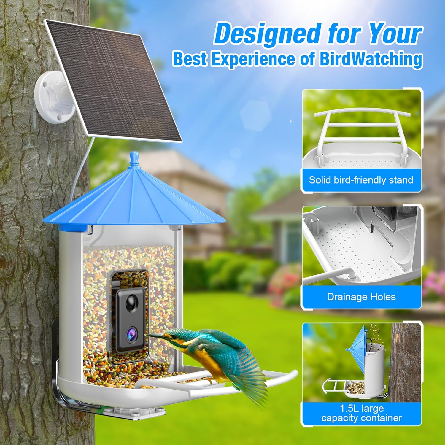 Farmice Comedero para pájaros con cámara, Cámara alimentadora de pájaros con panel solar, captura automática videos de aves y notificación, AI