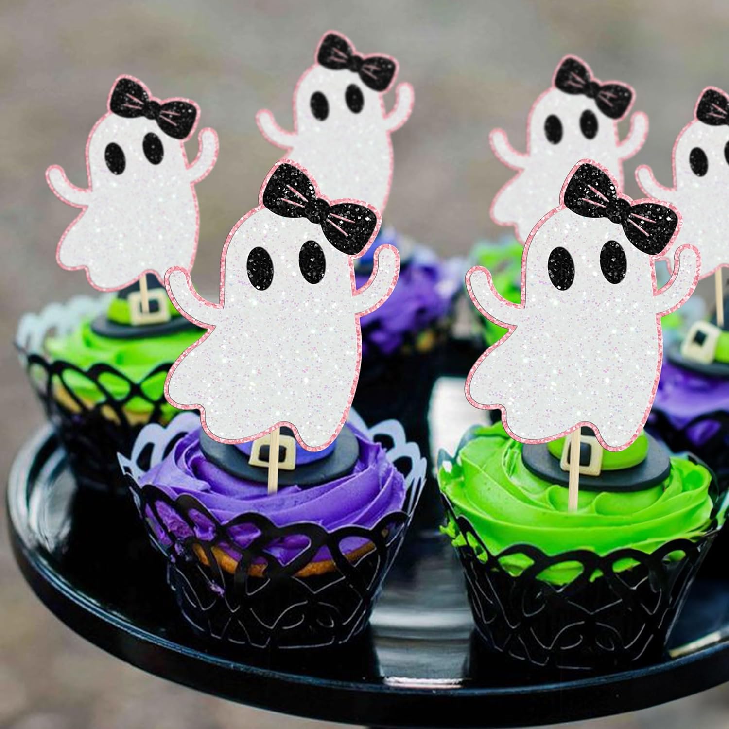 Gyufise 24 adornos de fantasmas para cupcakes con purpurina rosa para Halloween, fantasma, baby shower, decoración de cupcakes, comida fantasma,