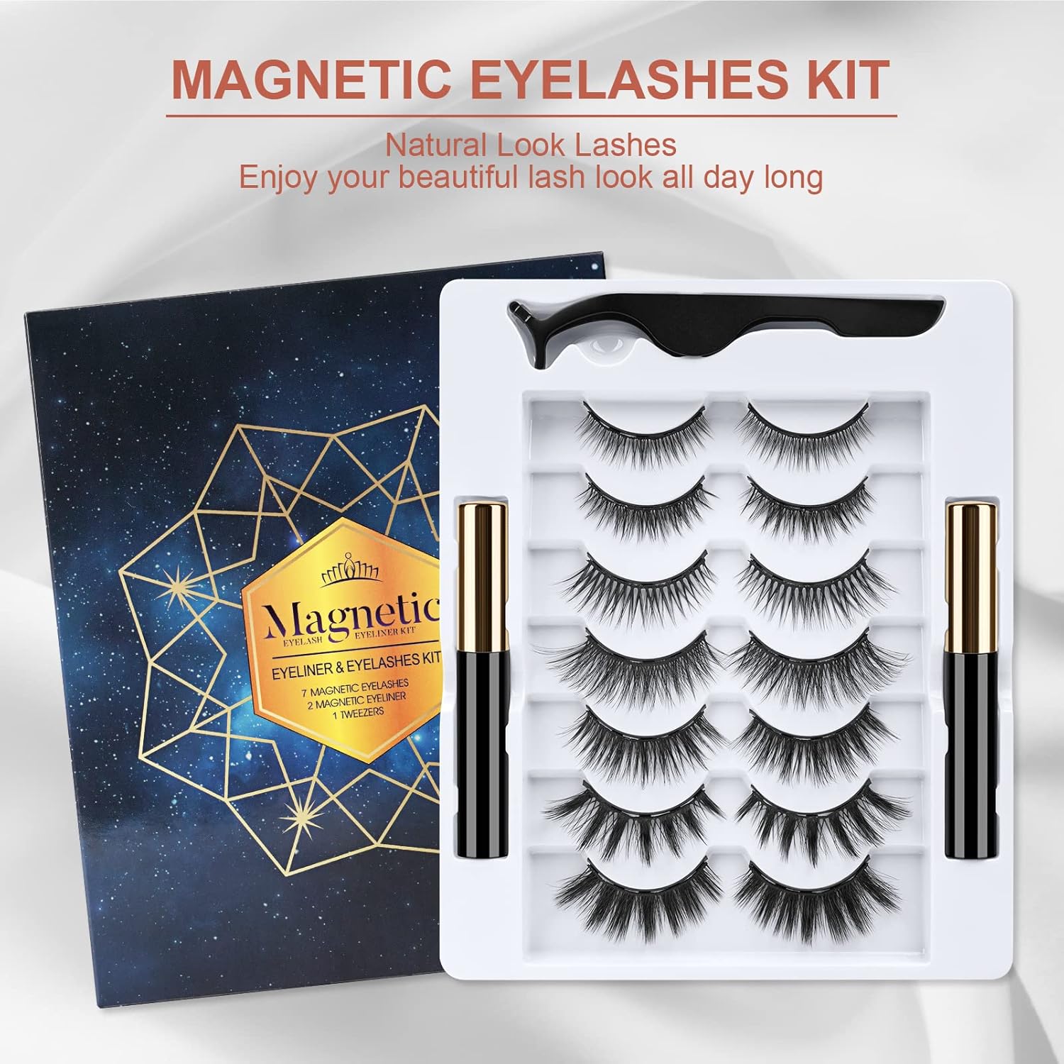 Pestañas magnéticas y delineador de ojos, 7 pares de pestañas magnéticas falsas reutilizables con 2 tubos, delineador líquido magnético impermeable