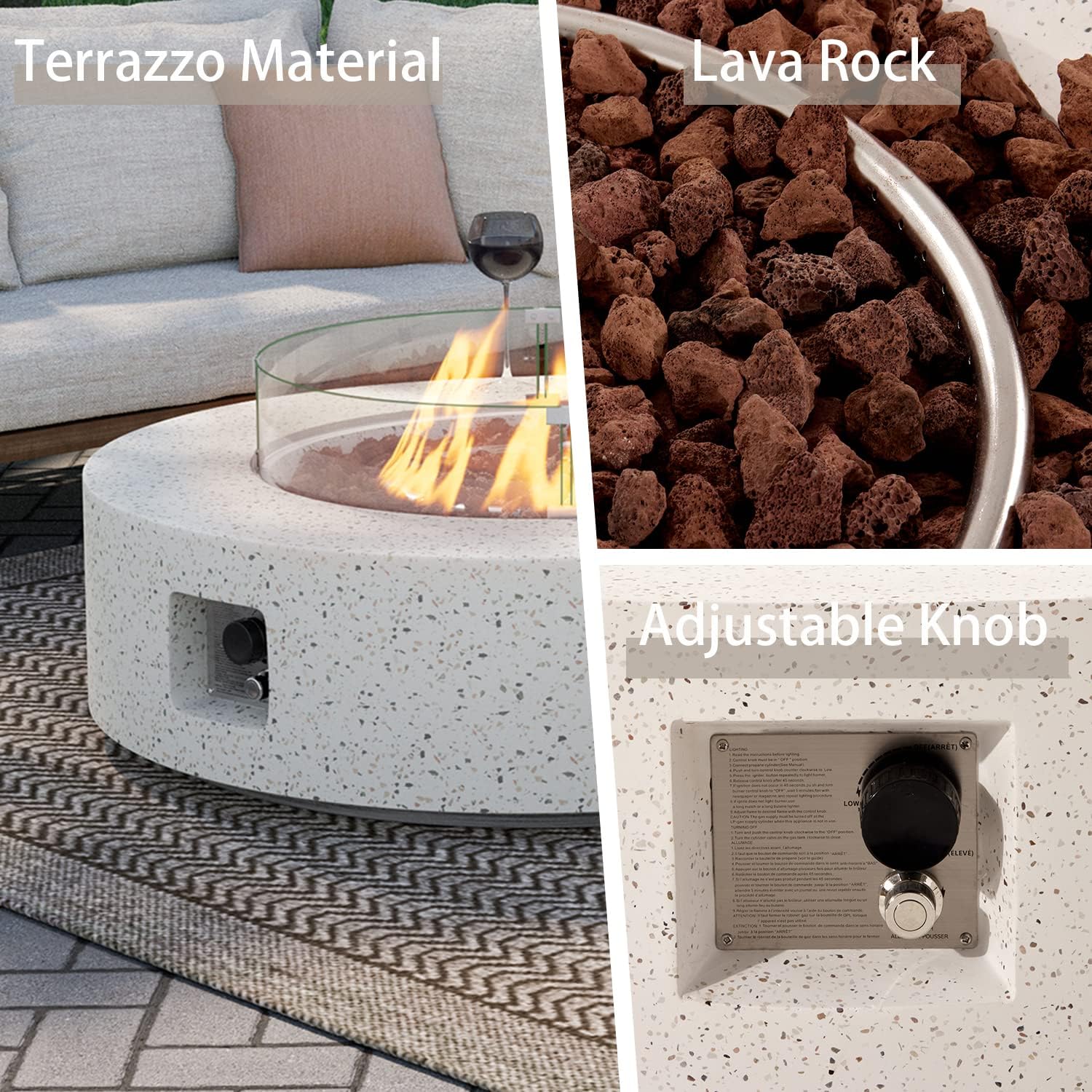 SUNBURY Mesa de fuego de propano para exteriores de 41 pulgadas, 50,000 BTU manchada blanca para patio con protector de viento de vidrio, mesa de