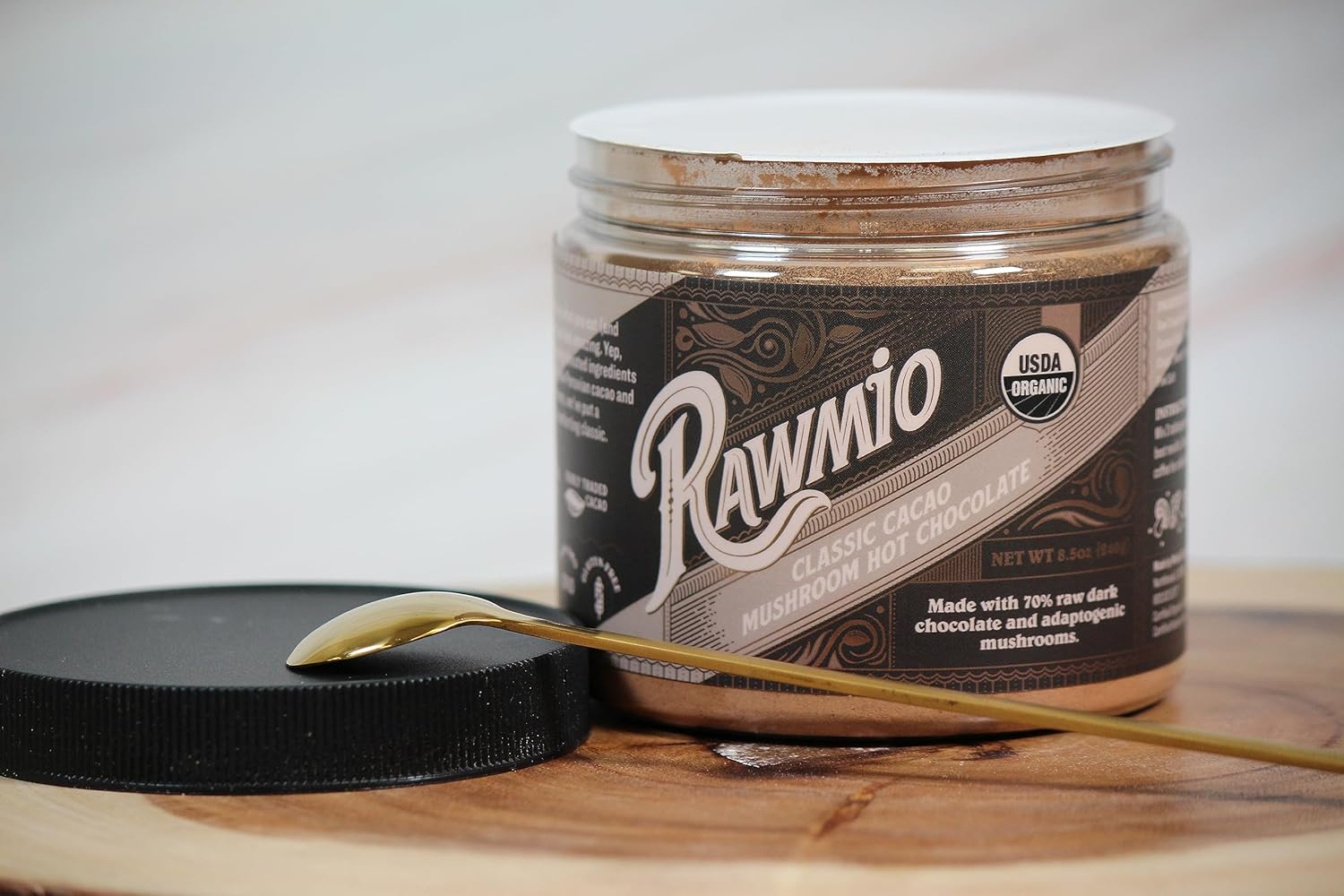 Rawmio Chocolate caliente orgánico clásico con champiñones y cacao, vegano, kosher, bajo en grasa y sin gluten, paquete de 1, 8.5 onzas