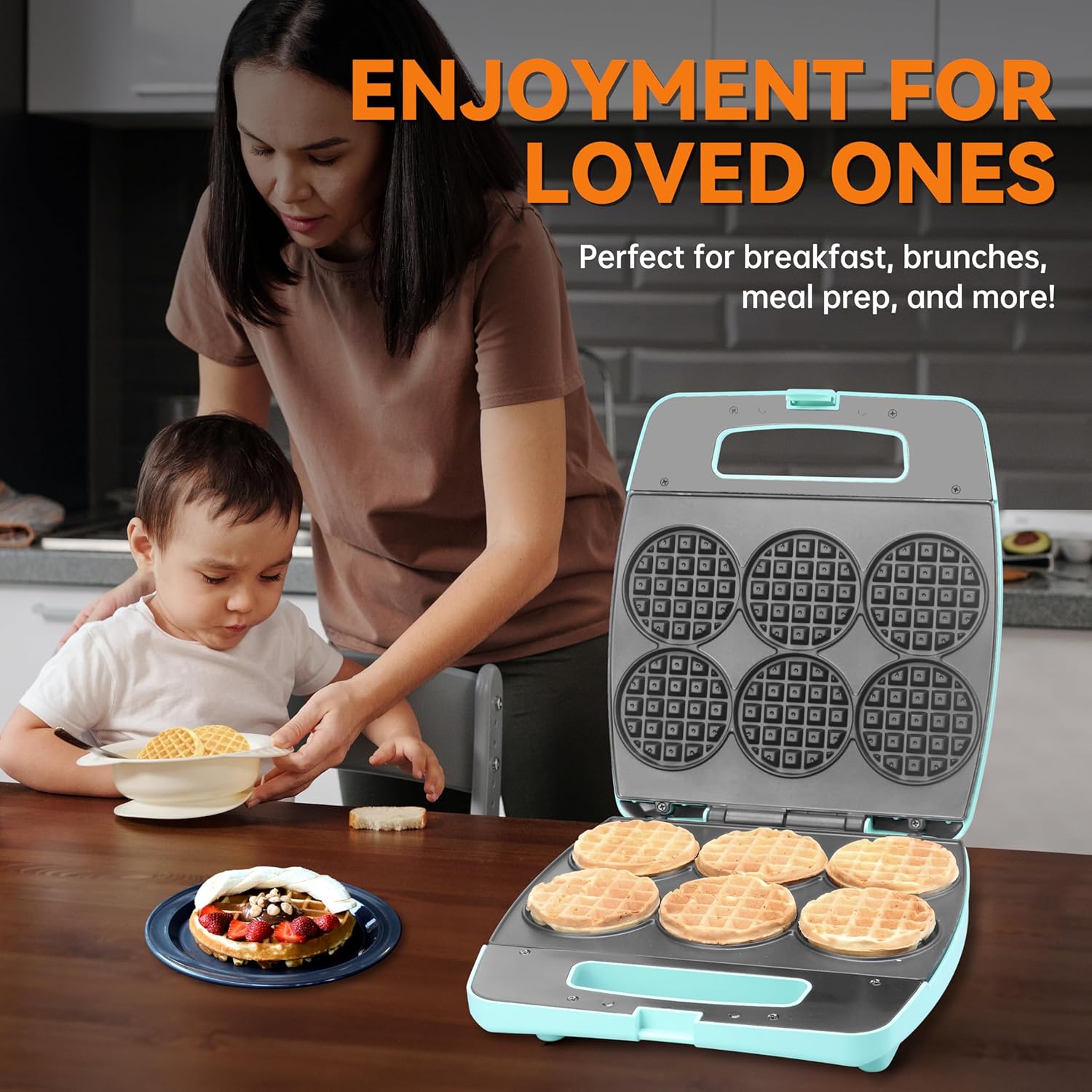 Baker’s Friend Mini máquina para hacer gofres múltiples, hornea gofres pequeños de 6 x 3 pulgadas, perfecta para uso familiar e individual,