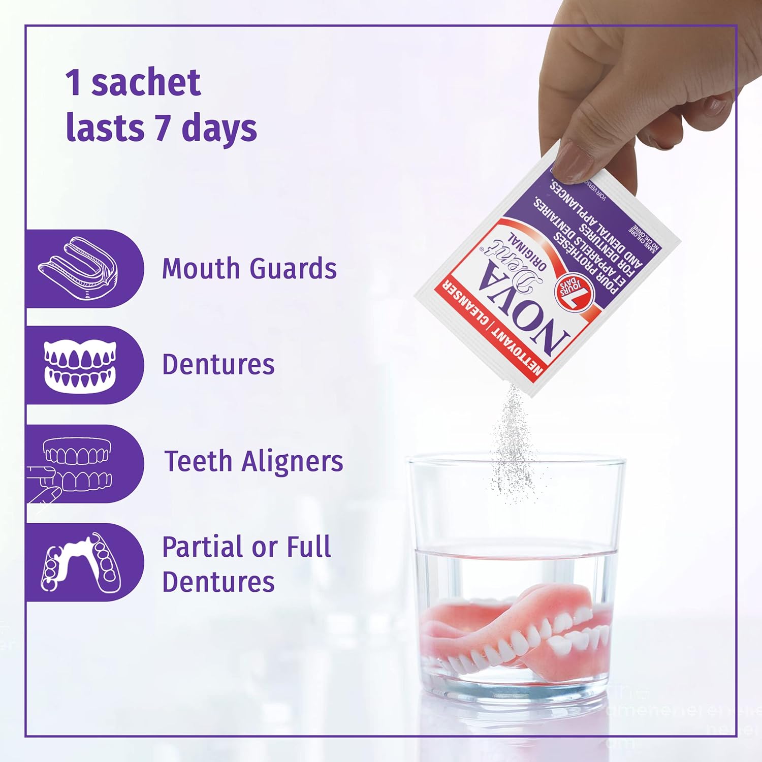 Limpiador de dentaduras dentales para aparatos dentales, retenedores, bandejas, protectores bucales, alineadores de dientes – 1 año (52 sobres)