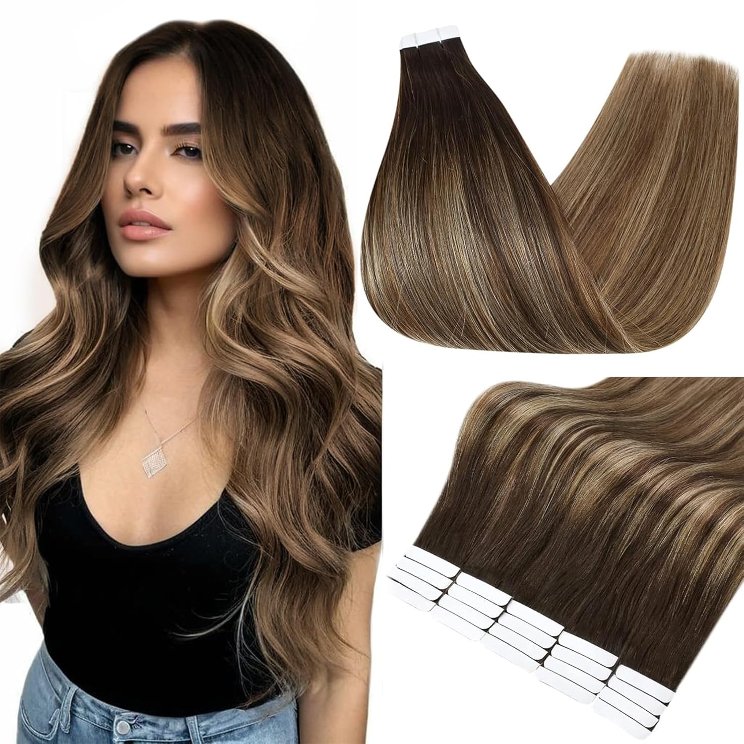 Fshine Extensiones de cabello humano con cinta adhesiva, balayage, color degradado 2, marrón oscuro que se desvanece a rubio miel 3 y 27, con cinta