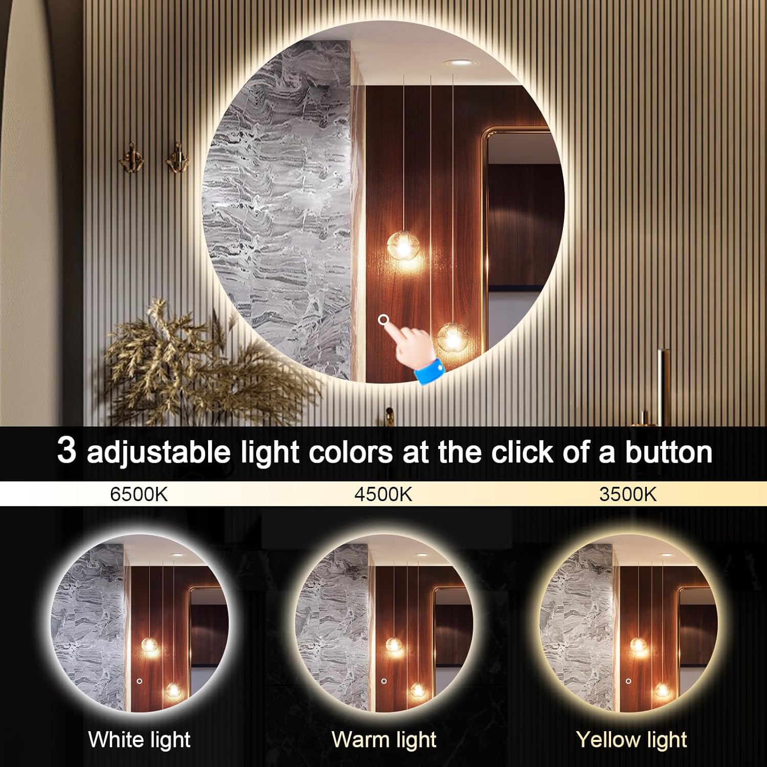 Espejo LED para baño de 24 pulgadas, retroiluminado con luces, táctil regulable inteligente, 3 modos de color, a prueba de roturas, redondo