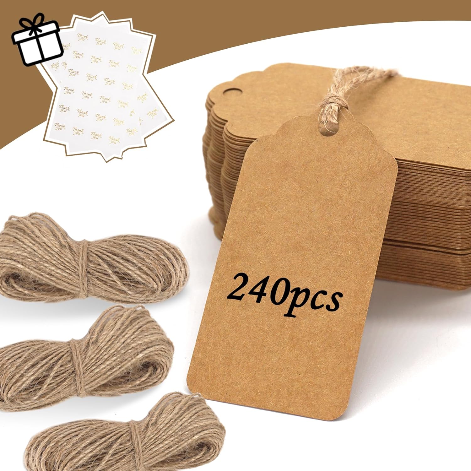 240 etiquetas de regalo, etiquetas colgantes con cuerdas de papel kraft para envolver regalos de Navidad, bodas, cumpleaños, manualidades (cuadrado)