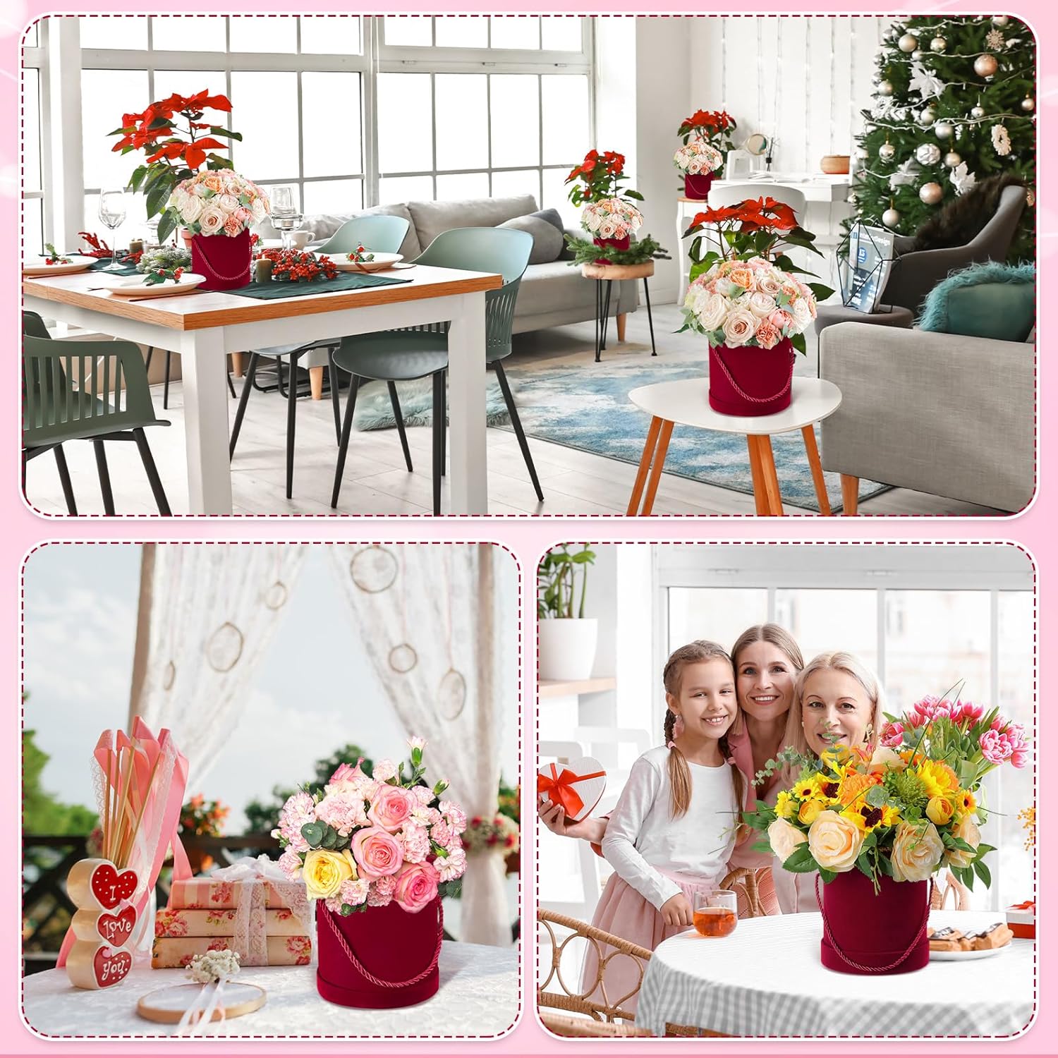 6 cajas redondas de terciopelo con tapas, caja de regalo de terciopelo de San Valentín con asa para arreglos de regalo de flores de lujo, boda,