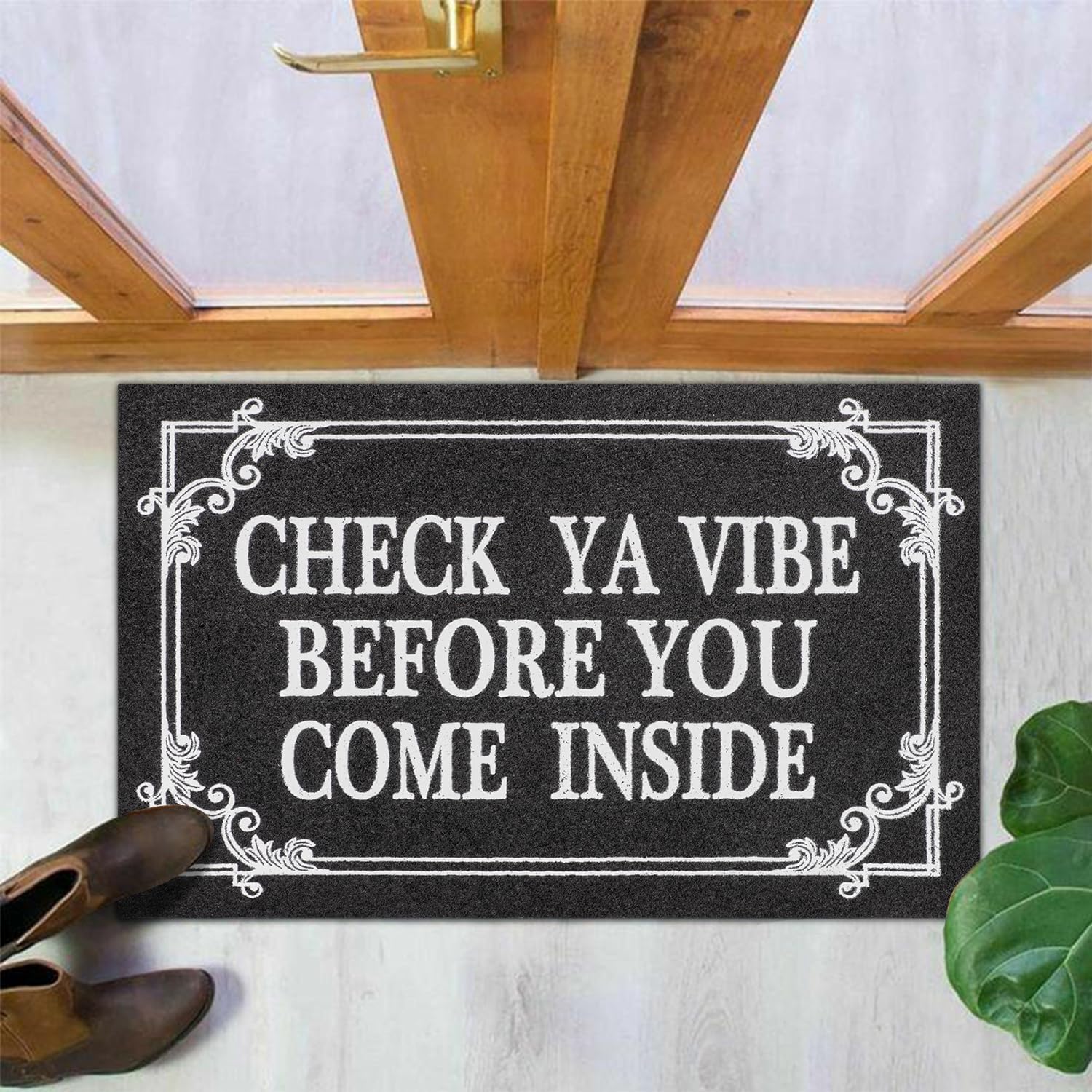 Tapete de bienvenida para puerta delantera, entrada al aire libre, negro, Check Ya Vibe Before You Come Inside This House Felpudo de goma