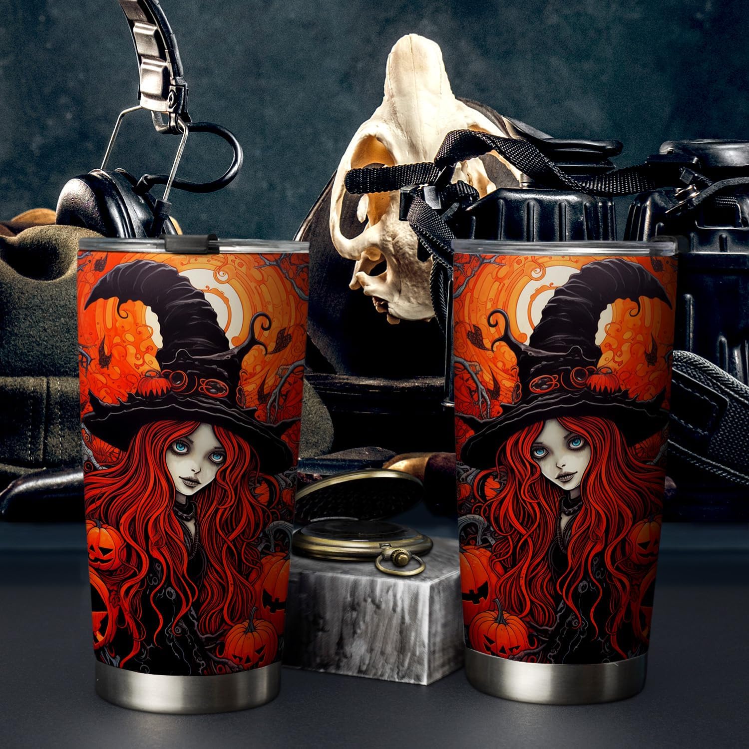 Vaso de Halloween de 20 onzas, vaso de bruja de Halloween, vaso de bruja de calabaza de Halloween, taza de viaje aislada con tapa, termo de café