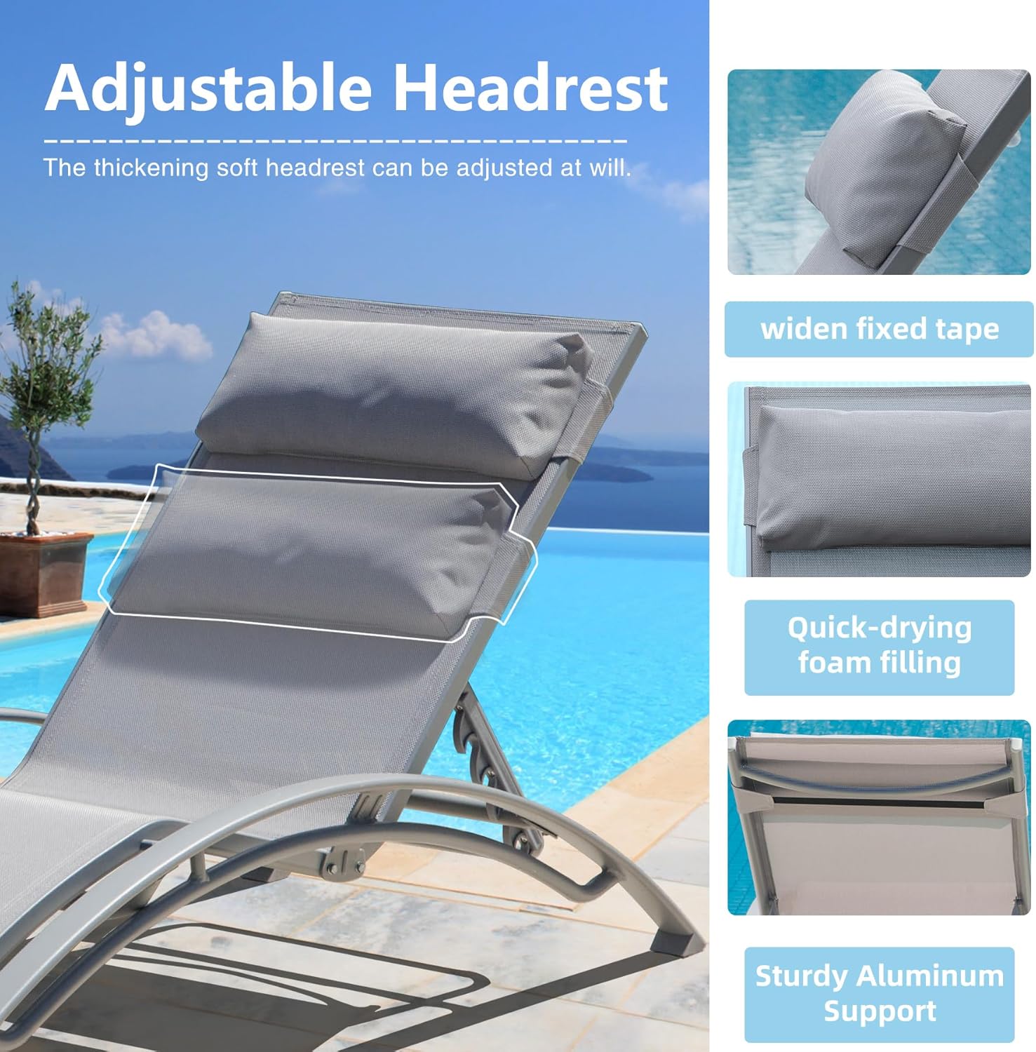 Domi – Juego de 2 sillas de piscina ajustables de aluminio, para exteriores, sillas de piscina para todo tipo de clima, para terraza, césped,