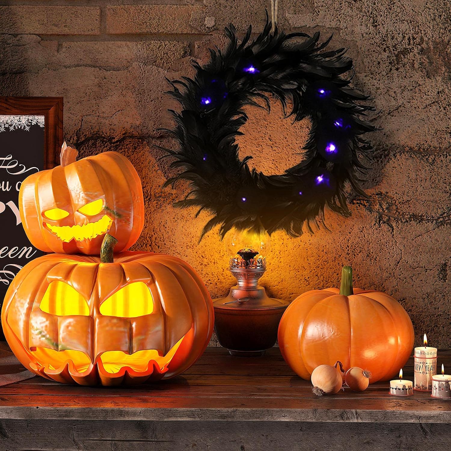 Corona de Halloween de plumas de cuervo negro con luces moradas, corona colgante de plumas naturales para truco o puerta delantera, fiesta de