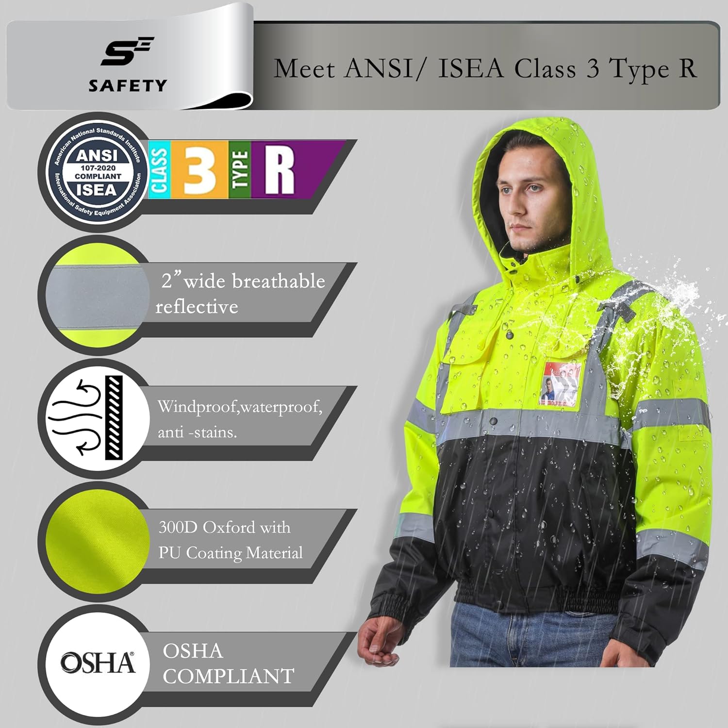 Chaqueta de alta visibilidad para hombre, impermeable, con capucha, reflectante, de alta visibilidad, para el invierno, chaquetas amarillas de